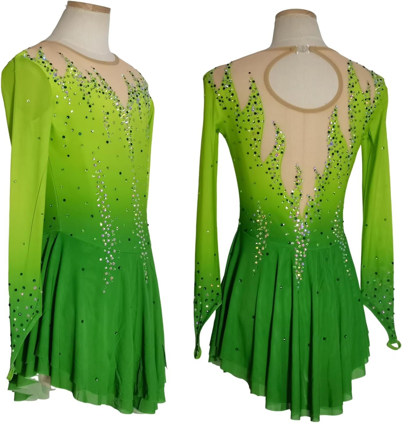 LIUHUO Figure Skating Skirt Gradual Blue Long Sleeve Mesh Skirt Girl Competition Performance
