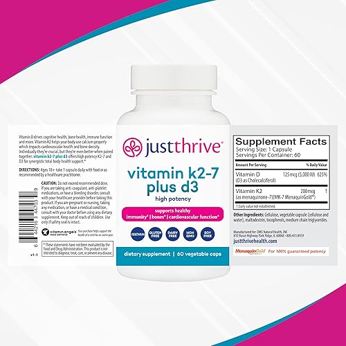 Miniatura 2 de Just Thrive Vitamin K2-7 Plus D3 - Immune, Heart, and Bone Health Supplement, 60 Vegetable Capsules