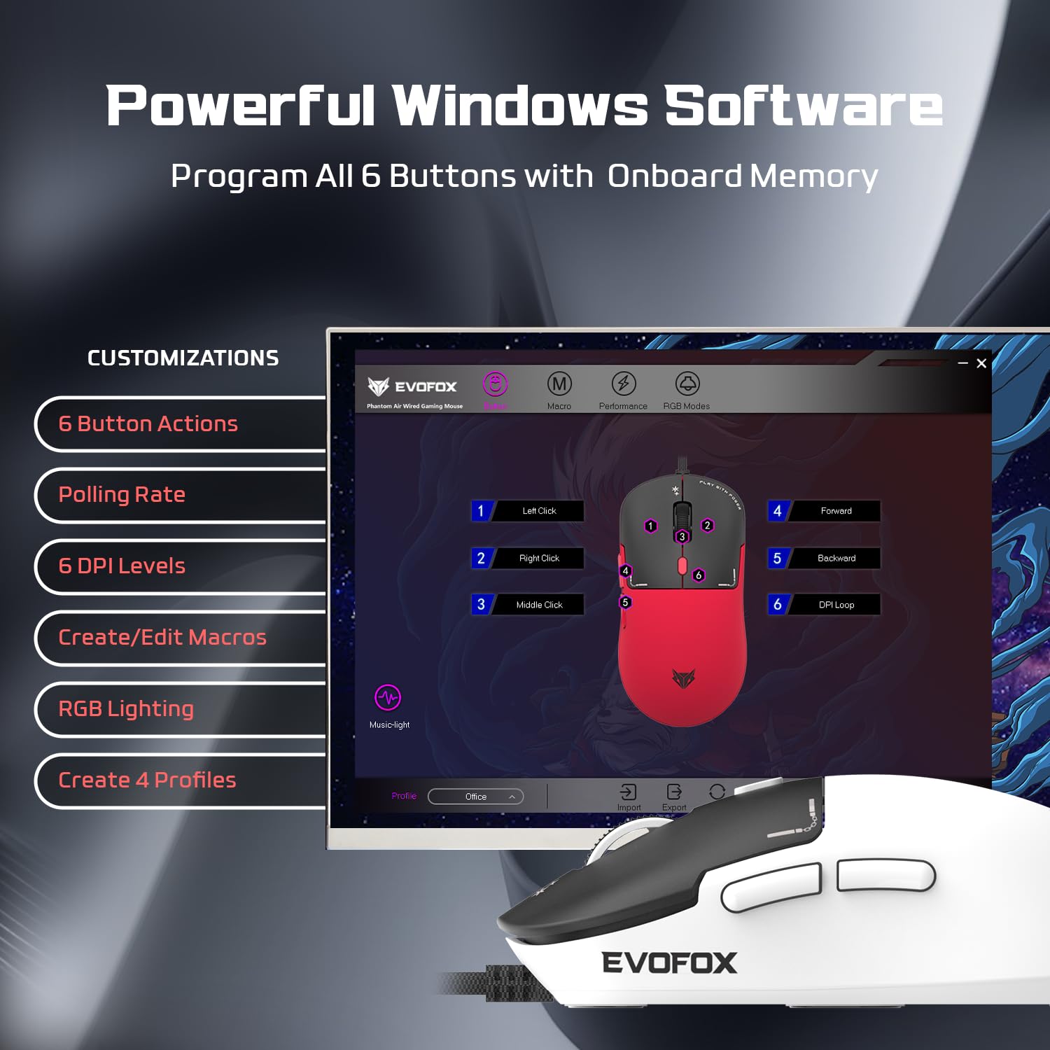 EvoFox Phantom Air Ultra Lightweight Gaming Mouse 54g | Upto 1000Hz Polling Rate, 7000 FPS, 12800 DPI | Honeycomb RGB Lighting | Fully Programmable with Windows Software & On-Board Memory | White — Amazon image 4