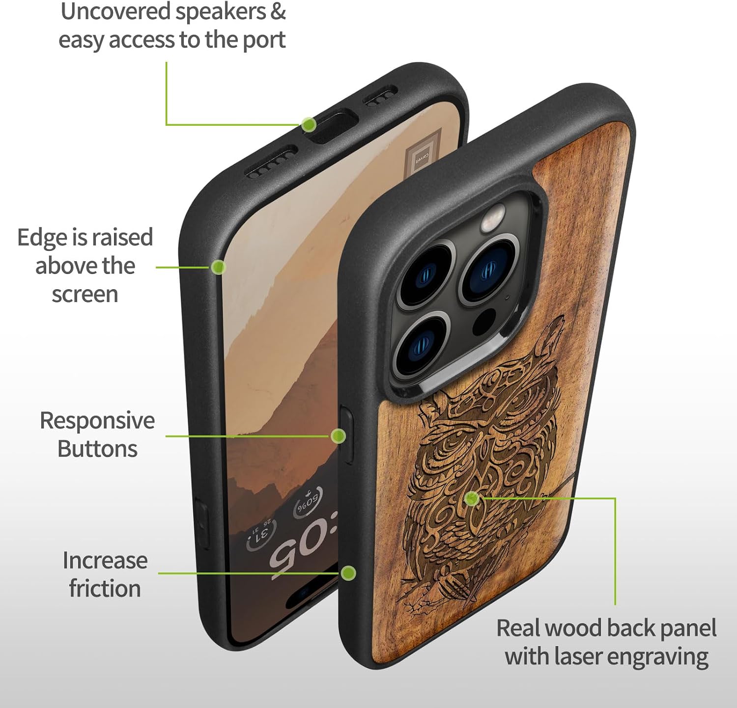Carveit Magnetic Wooden Case for iPhone 15 Pro Case, Compatible with MagSafe Wireless Chargers, Black Soft TPU Shockproof Cover & Wood Artisan Engraved (Perched Owl) - Walnut