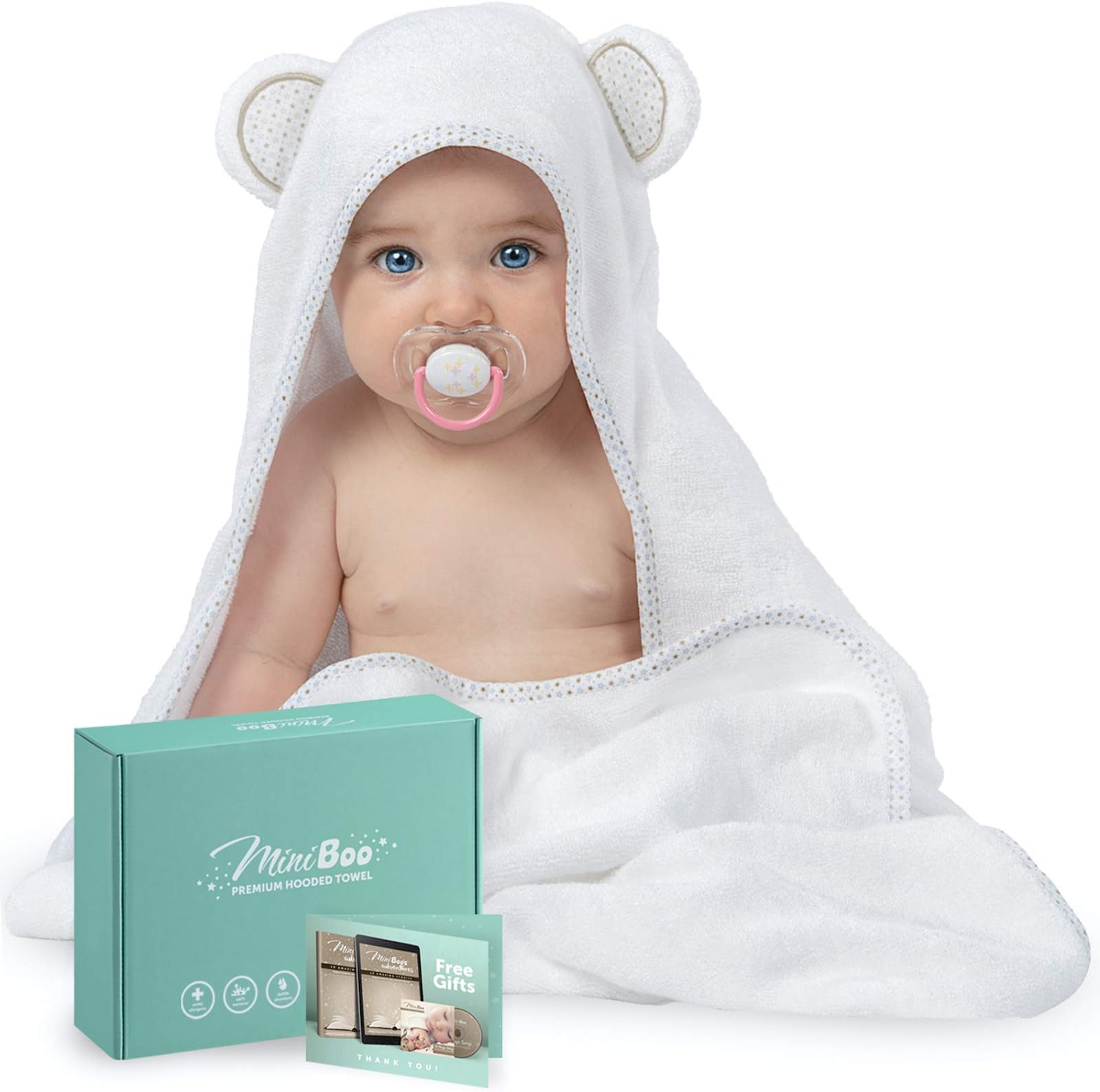 MINIBOO Hooded Baby Towels for Newborn - Super Soft Baby Bath Towels with Hood, Highly Absorbent Viscose Made from Bamboo Hooded Towel for Infant, Toddler and Kids, Baby Essentials