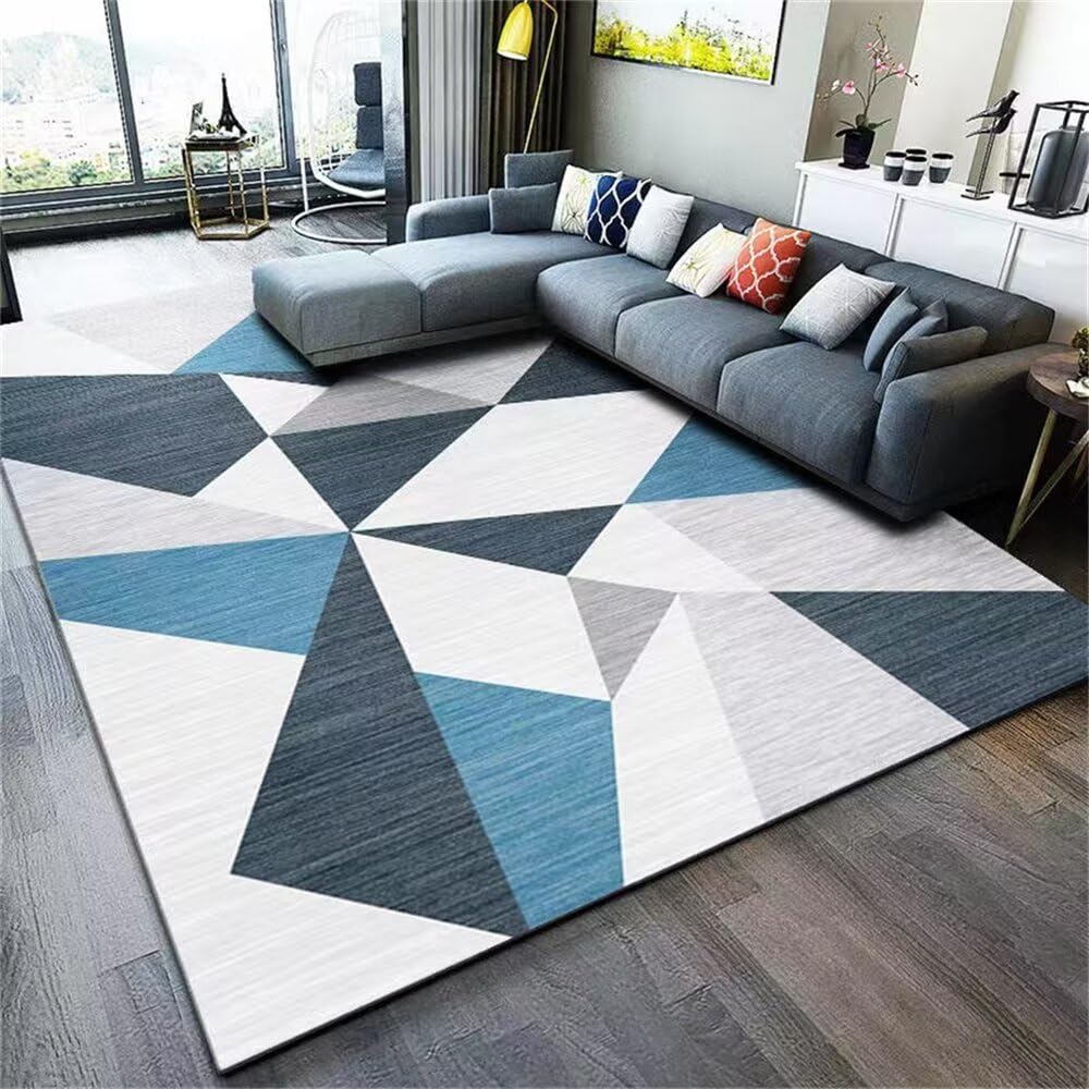 Tapis géométrique moderne bleu grand format 80x150cm intérieur et jardin