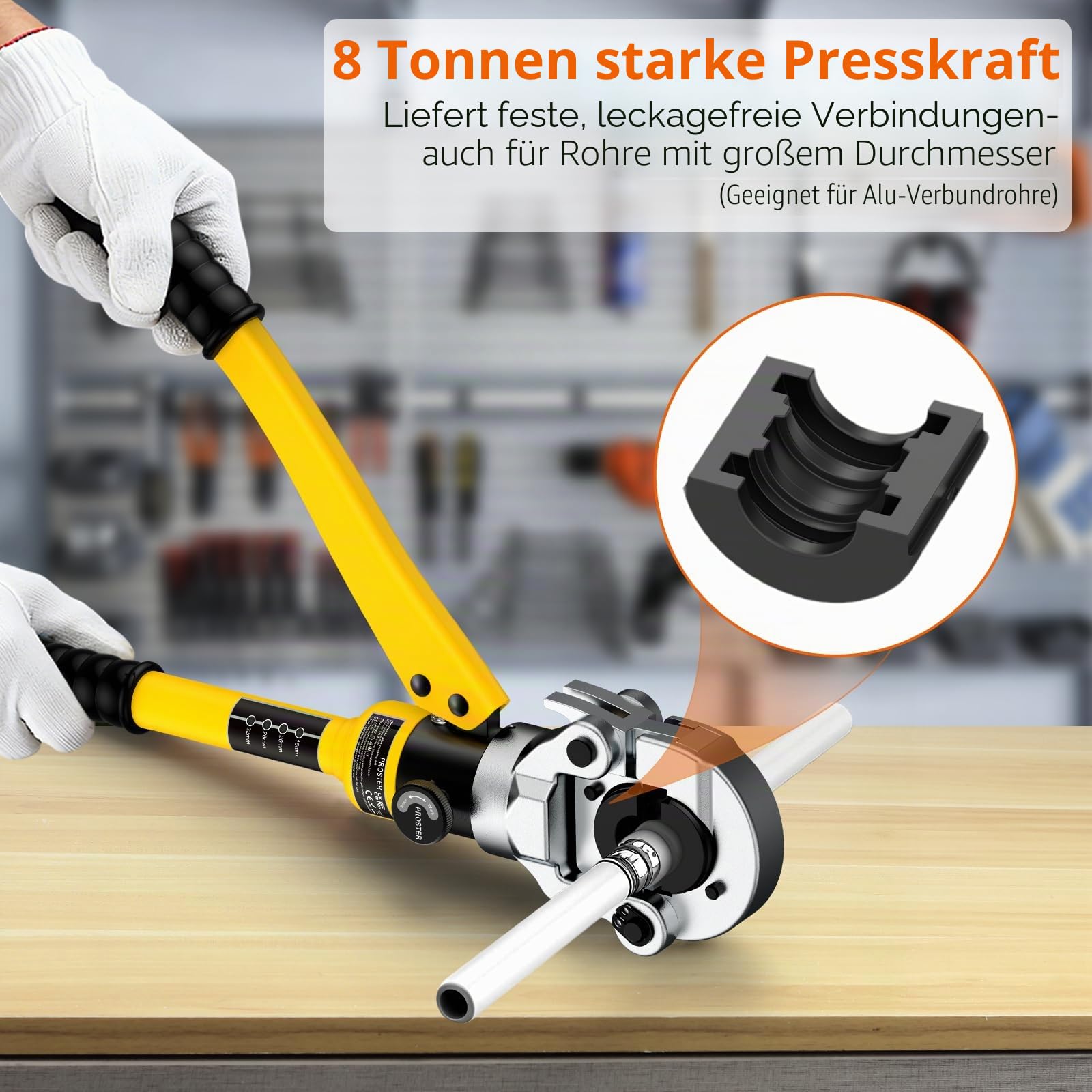 Proster Hydraulische Crimpzange 8-Tonnen Presszange TH16 TH20 TH26 TH32 Rohrschneider Gratfräser mit Dichtungsringe & stabiler Kunststoffbox für Rohrverbindung, Alu-Kunststoff-Rohre