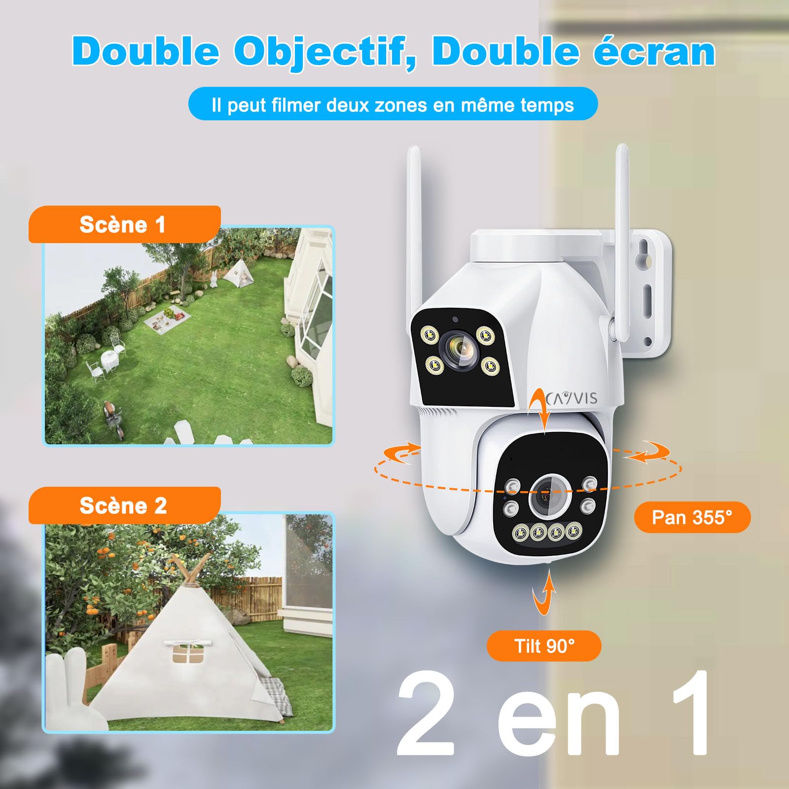 2MP Camera Surveillance WiFi Extérieur, 2.4GHz 5GHz PTZ 1080P Caméra IP Extérieure avec Double Objectif, Vision Nocturne Couleur, Détection Humaine, Audio Bidirectionnel,IP66