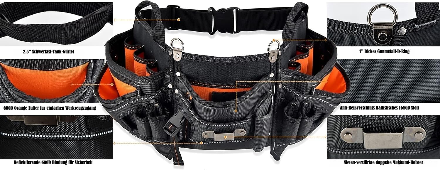 WELKINLAND 18 Taschen Zimmermanns-Werkzeuggürtel - Bau- & HVAC-Werkzeugtasche für Herren