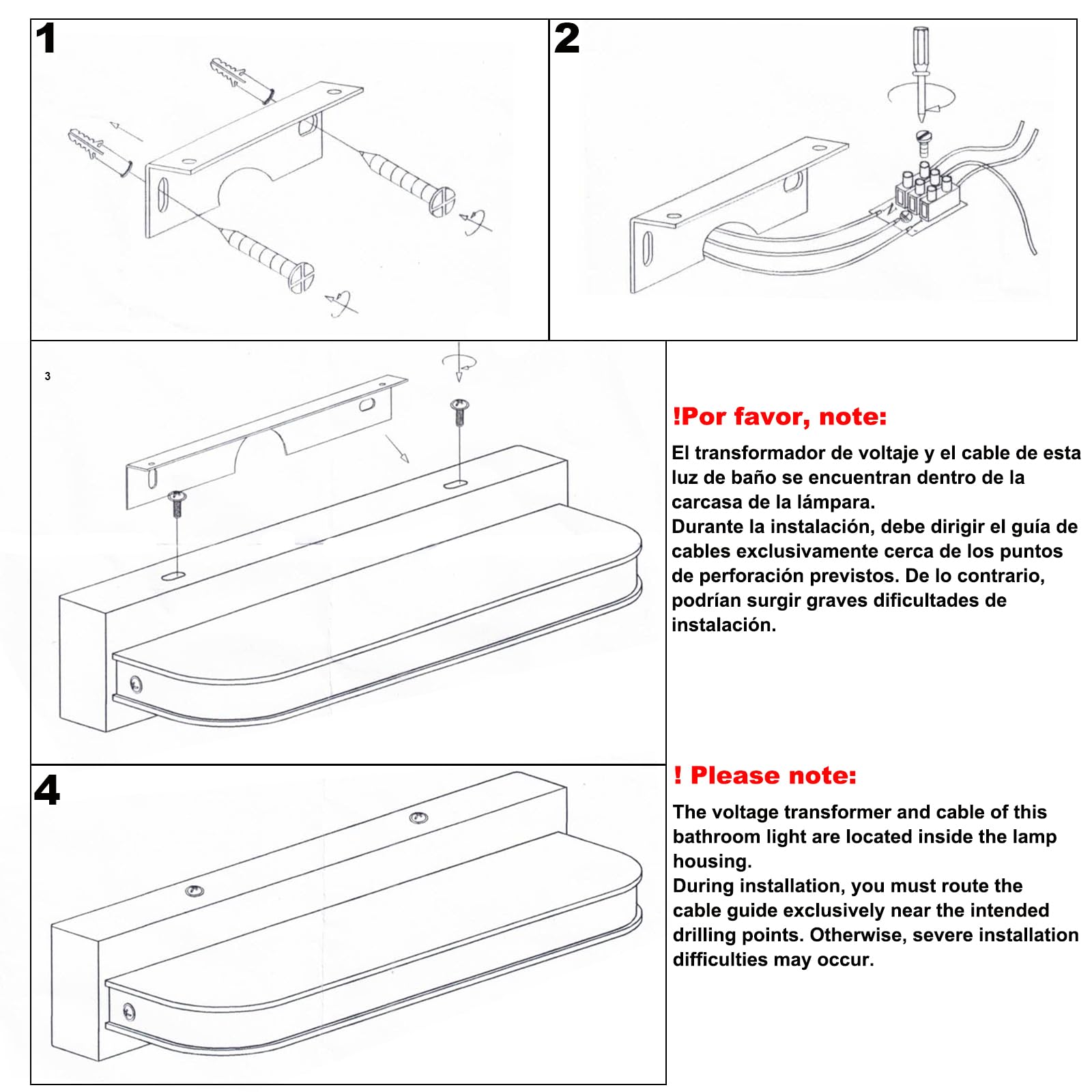 espejo de luz de baño de luz, cuarto de baño lámpara de pared de acero inoxidable, espejo de la lámpara de 42cm 9W, Led Lámpara de Pared de IP44 Impermeable (Blanco natural)