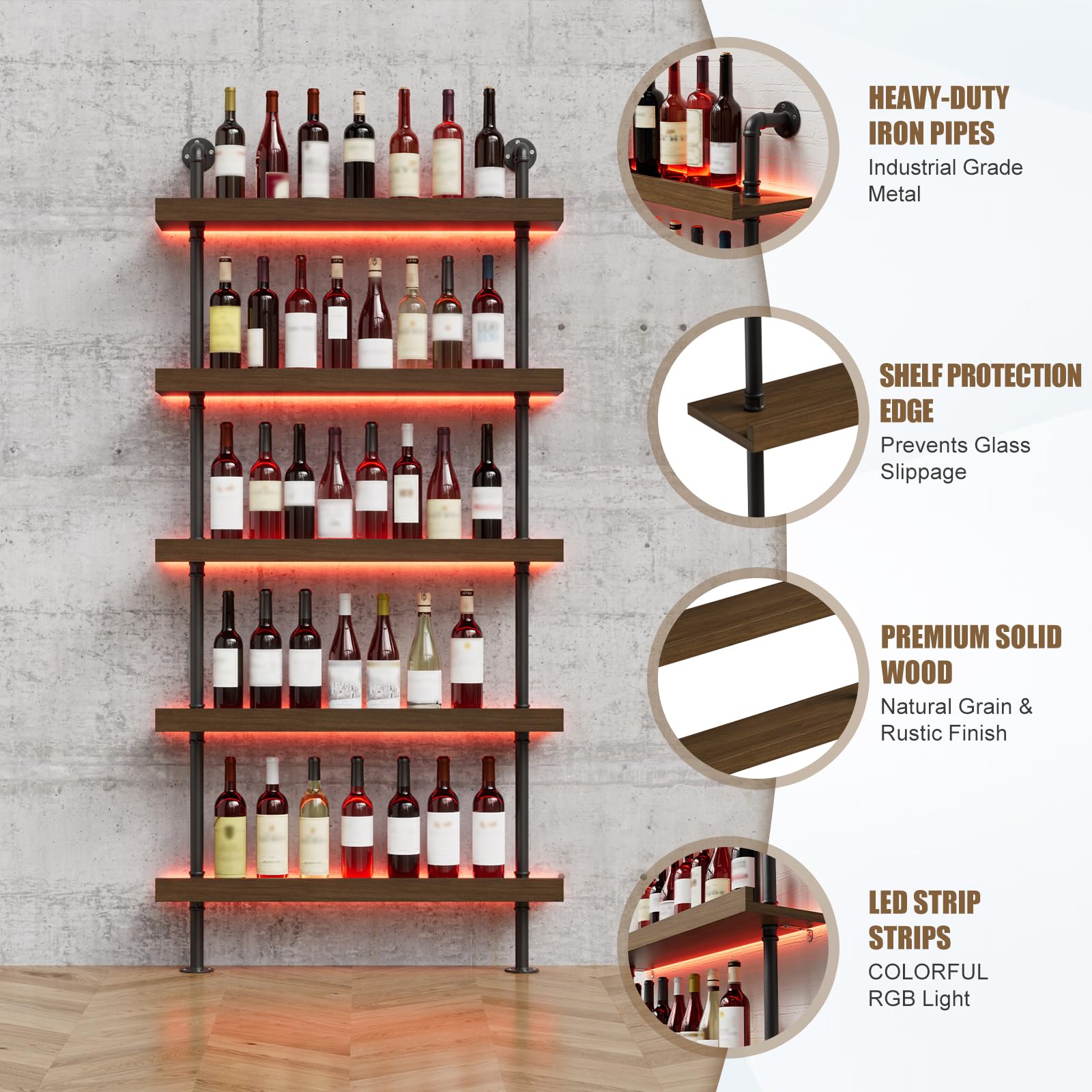 MSFE Portabottiglie da Parete con Luce LED 5 Livelli Portabottiglie in Metallo e Legno Massello Da Vino Industriale Portabottiglie con Ripiano Espositivo per Casa, Bar, Ristorante 20x100x180CM