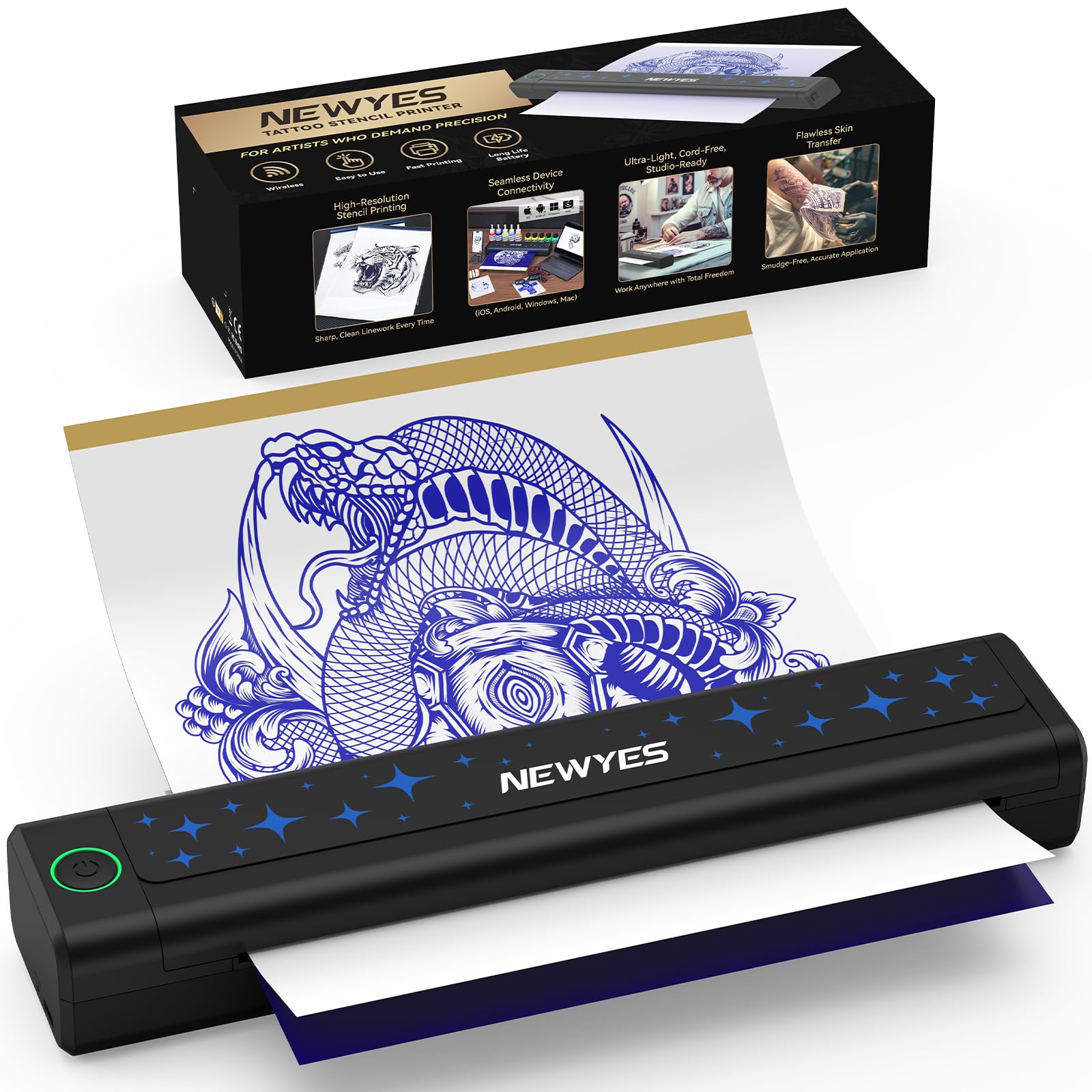 Tattoo-Stencildrucker, Kabelloser Tragbarer Thermodrucker mit Bluetooth inkl. 10 Blatt A4 Stencilpapier für Tätowierer & Einsteiger | Kompatibel mit Android, iOS, macOS und Windows