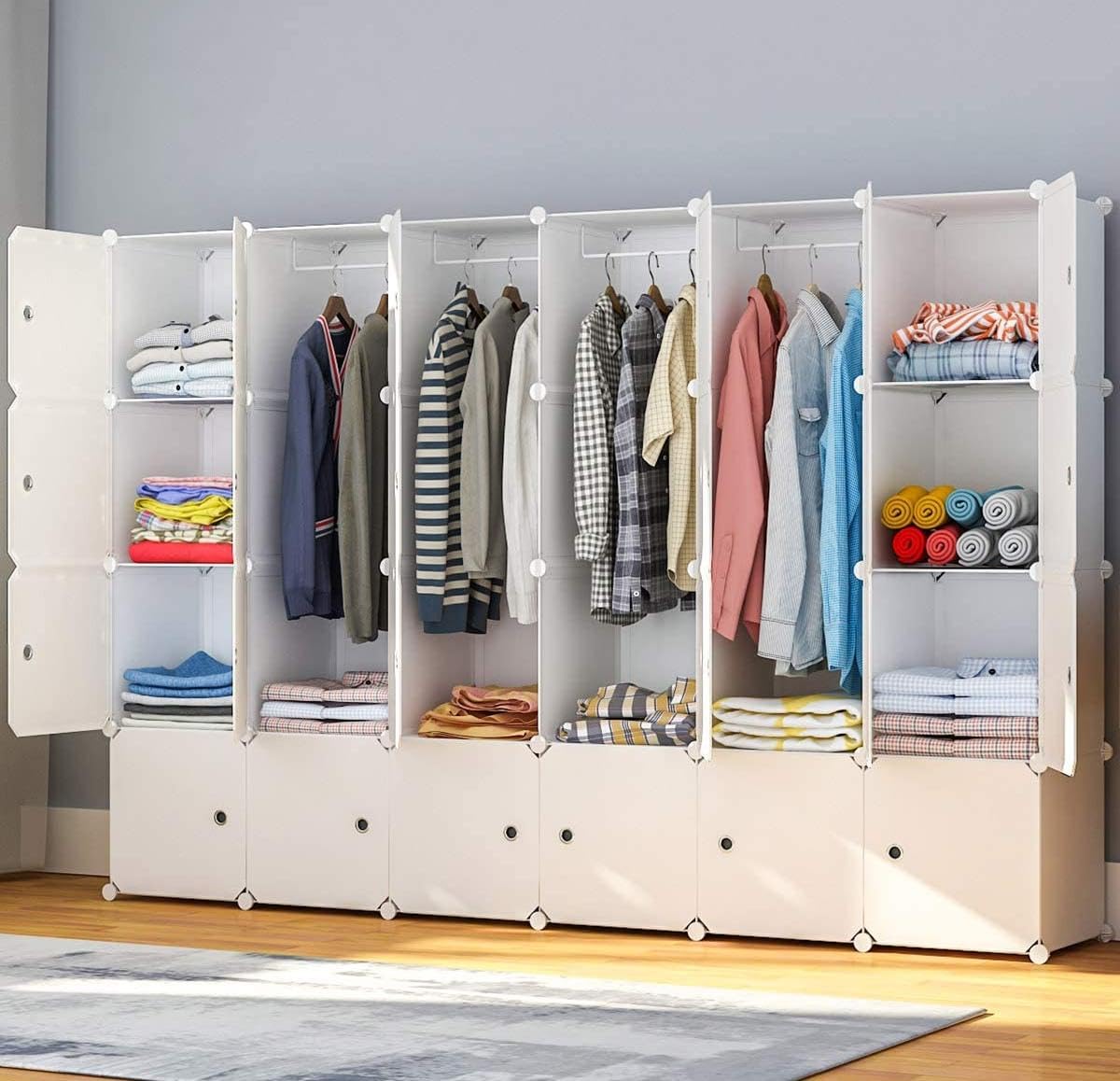 HOMIDEC Armario Modular, Guardarropa portátil de 24 Compartimentos para Dormitorio, Armario con Barra para Colgar Ropa, Compartimentos más Profundos Aptos para Perchas