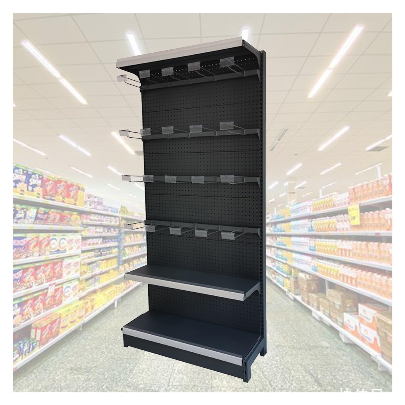 Estante Grande de exhibición para supermercado con Ganchos, Expositor de Piso para Dulces y Snacks, Ideal para cines, con Fundas para teléfono y Calcetines (Negro, 72 cm de Largo)