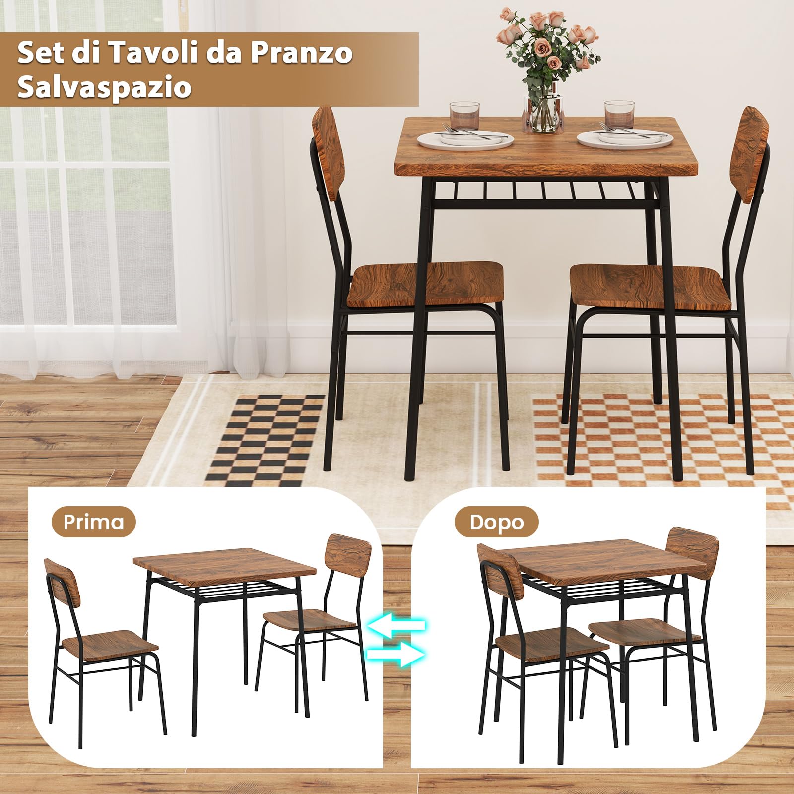 RELAX4LIFE Set Tavolo e Sedie da Pranzo in Stile Industriale, Tavolo Quadrato con Ripiano a Griglia e Sedia con Schienale e Seduta Curvi, Set di Mobili con Struttura in Metallo per la Casa