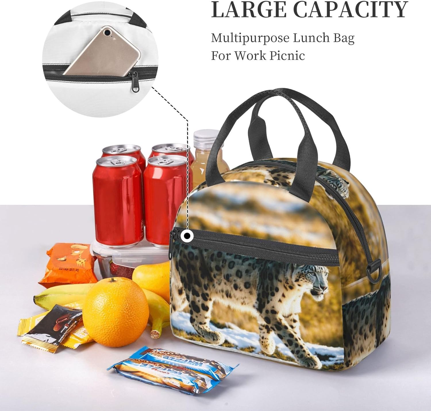 Leopard Print Reusable Lunch Bag Insulated Lunch Boxes for Office Work Picnic Tote Bag Adjustable