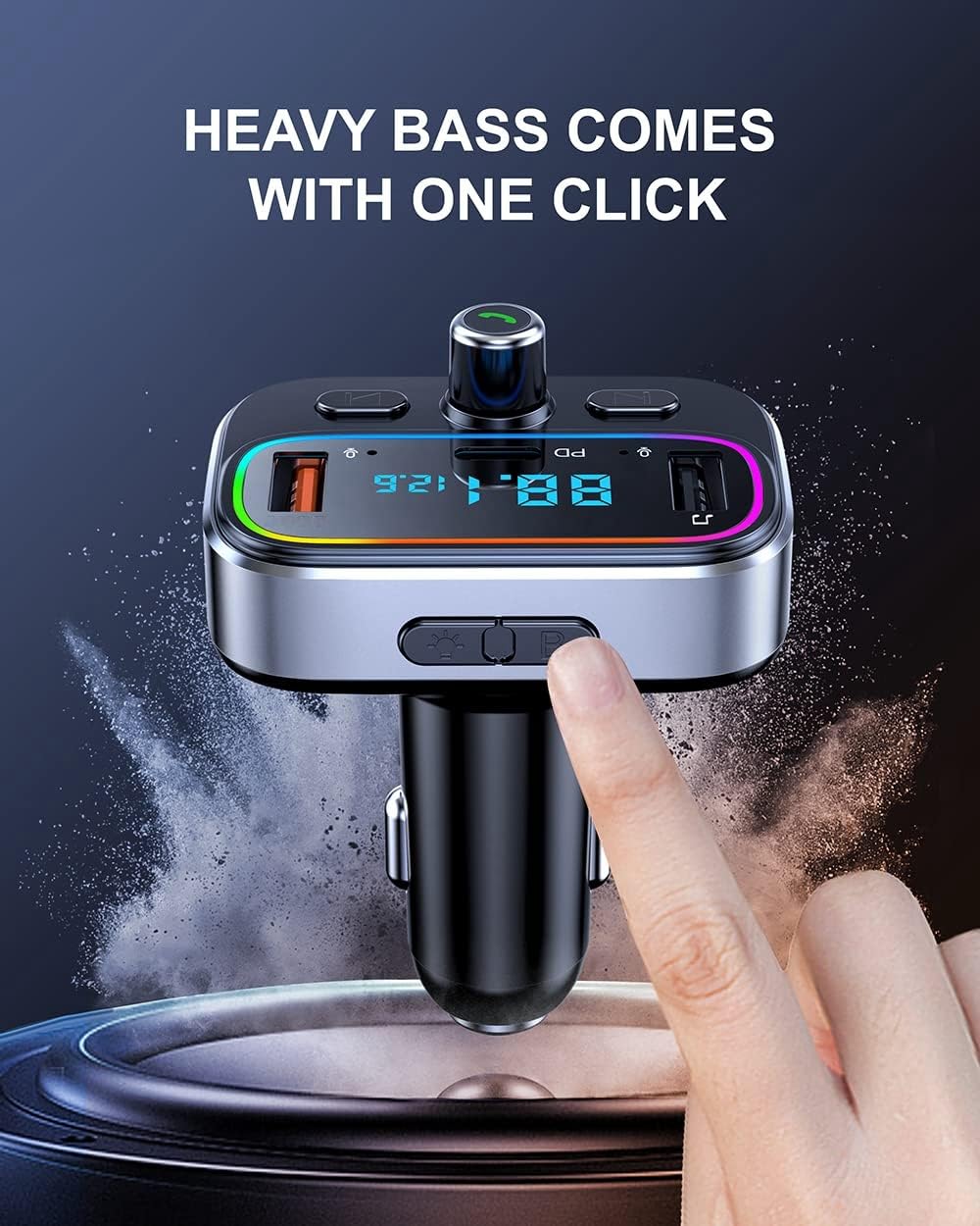 Transmisor FM Bluetooth Dual Micrófono para Llamadas Manos Libres Coche Cargador USB Coche QC 3.0&PD 20 para Todos Los Smartphones, Reproductores de Audio Soporte Tarjetas TF/SD y Disco USB