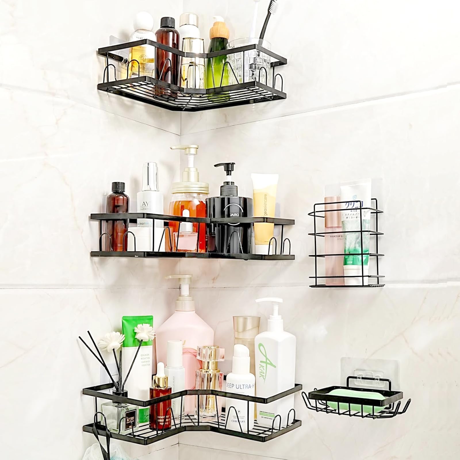 KOOSREEL 5 Pièces Étagère De Douche Sans Percage - Rangement Salle De Bain Noir Avec Crochets
