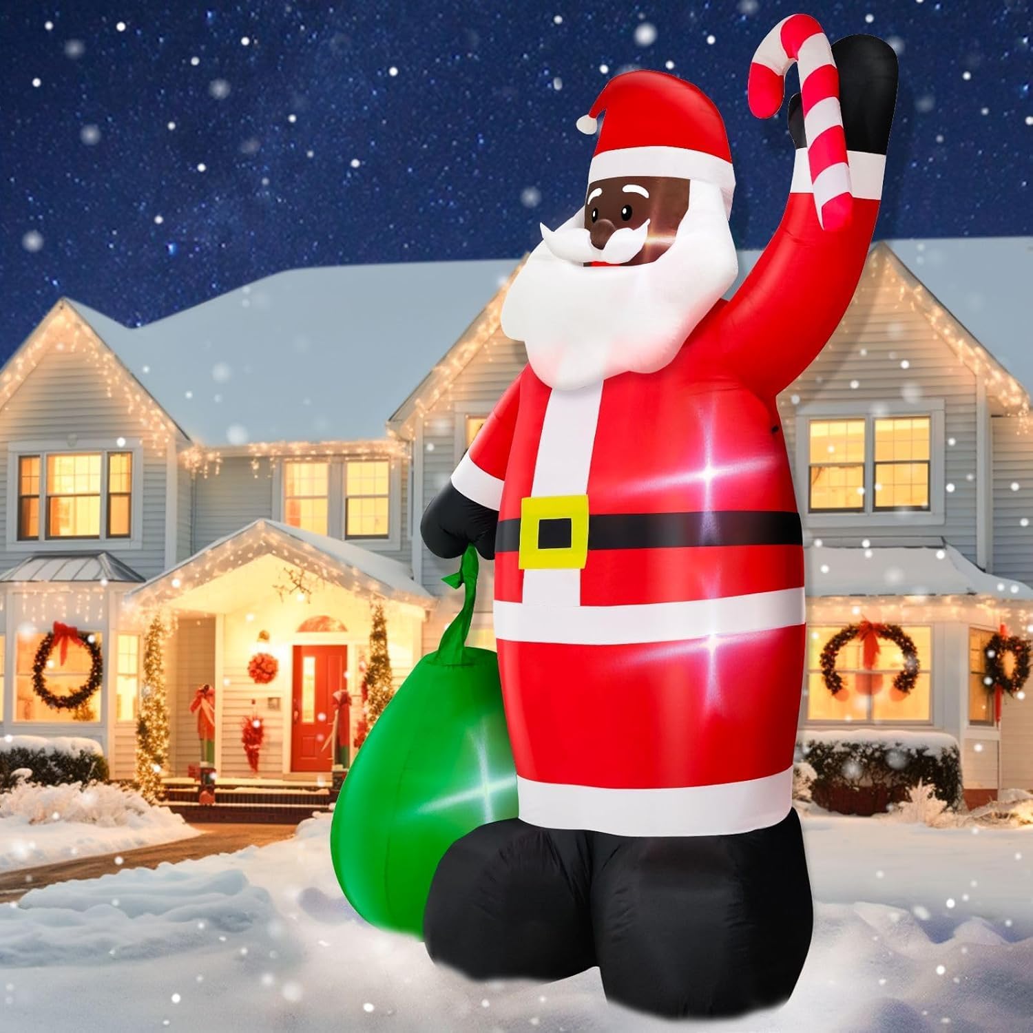 12 Ft by 7.5 Ft Giant Black Santa Christmas Inflatable Outdoor Decoration, Santa Claus Blow Up Inflatable with Candy Cane Gift Bag, Black Christmas Yard Decor Built-in LED Light for Xmas Lawn Garden - Image 6