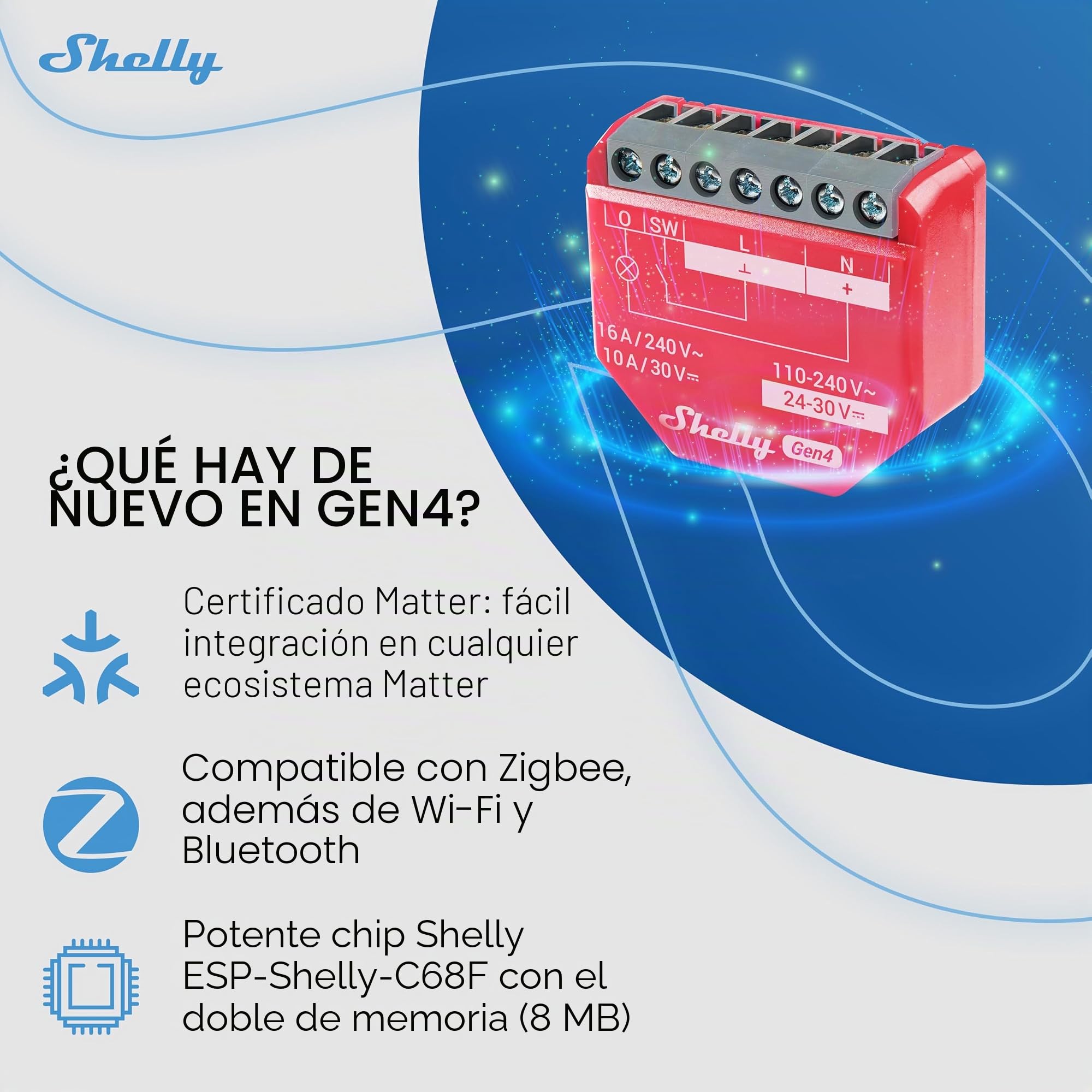 Shelly 1PM Gen4 – Módulo interruptor inalámbrico Matter, Zigbee y Wi-Fi, 1 canal 16A, Con medición de consumo de energía, Relé de luz, Control por app y por voz Alexa, Google, Apple HomeKit - 4 Piezas