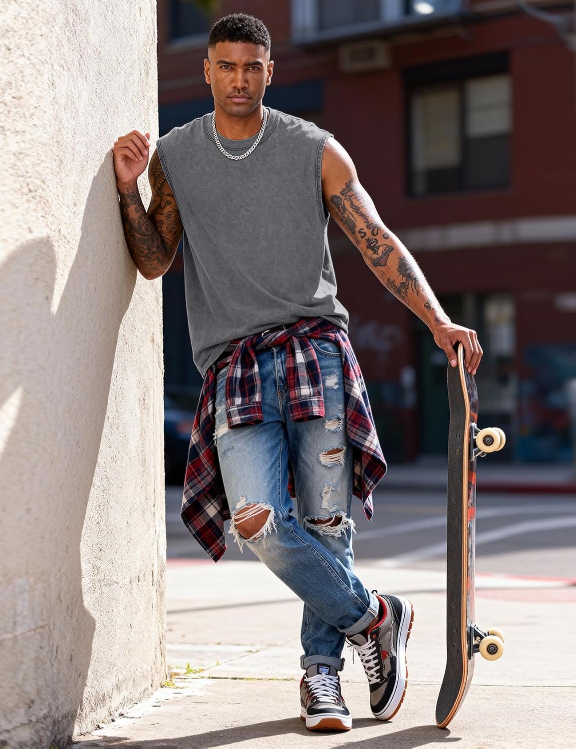 Eisctnd Men's Tank Tops Sleeveless Muscle Shirts, Cotton Acid Wash Loose Fit Workout Tanks Tees for Running Beach - Image 2