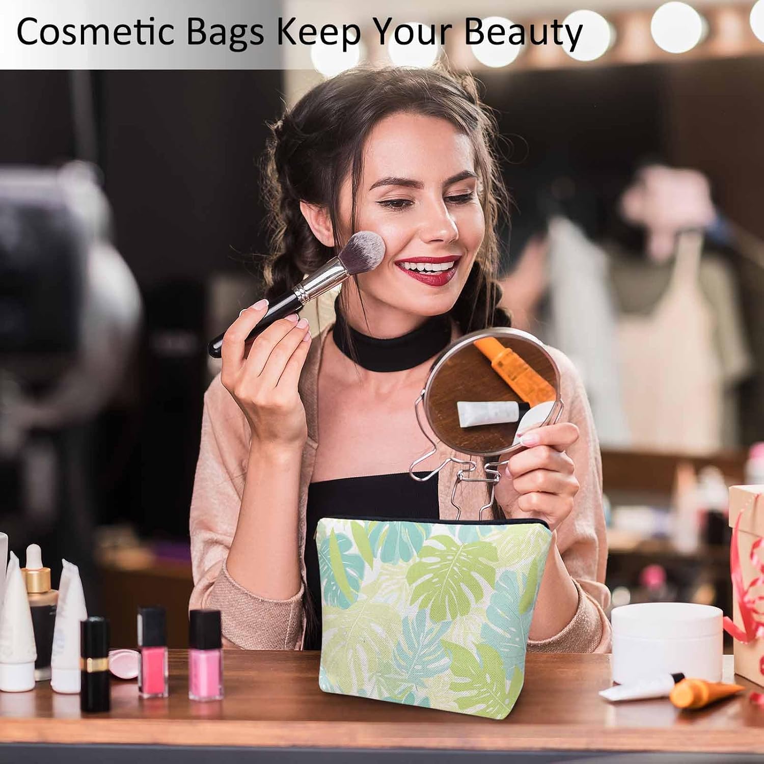 Palm Leaves Makeup Organizer Bag Cosmetic Bag For Men Women, Tropical Beach Palm Leaf Floral Travel Toiletry Bag Flax Makeup Bags Purse Business Makeup Pouch For Toiletries Cosmetics Green image 2