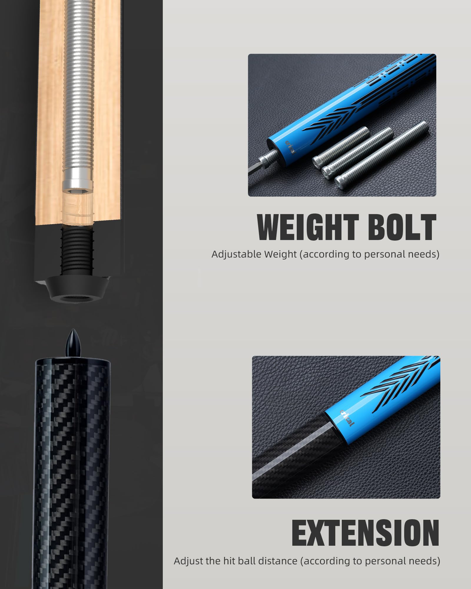 CRICAL Billardqueue aus Karbonfaser, 147,3 cm, niedrige Ablenkung, professioneller Pool-Queue mit Profi-Kegelschaft, 3D-Griff, 12,5 mm Spitze und 3/8 x 8 Gelenk-Billardstab für verbesserte Kontrolle