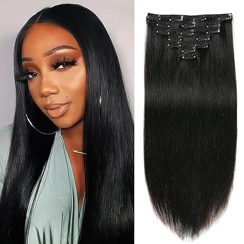 Extensiones de cabello humano real con pinzas, extensiones de cabello humano Remy liso para mujer, color negro azabache, doble trama, 100% sin disponible en Yaxa Colombia