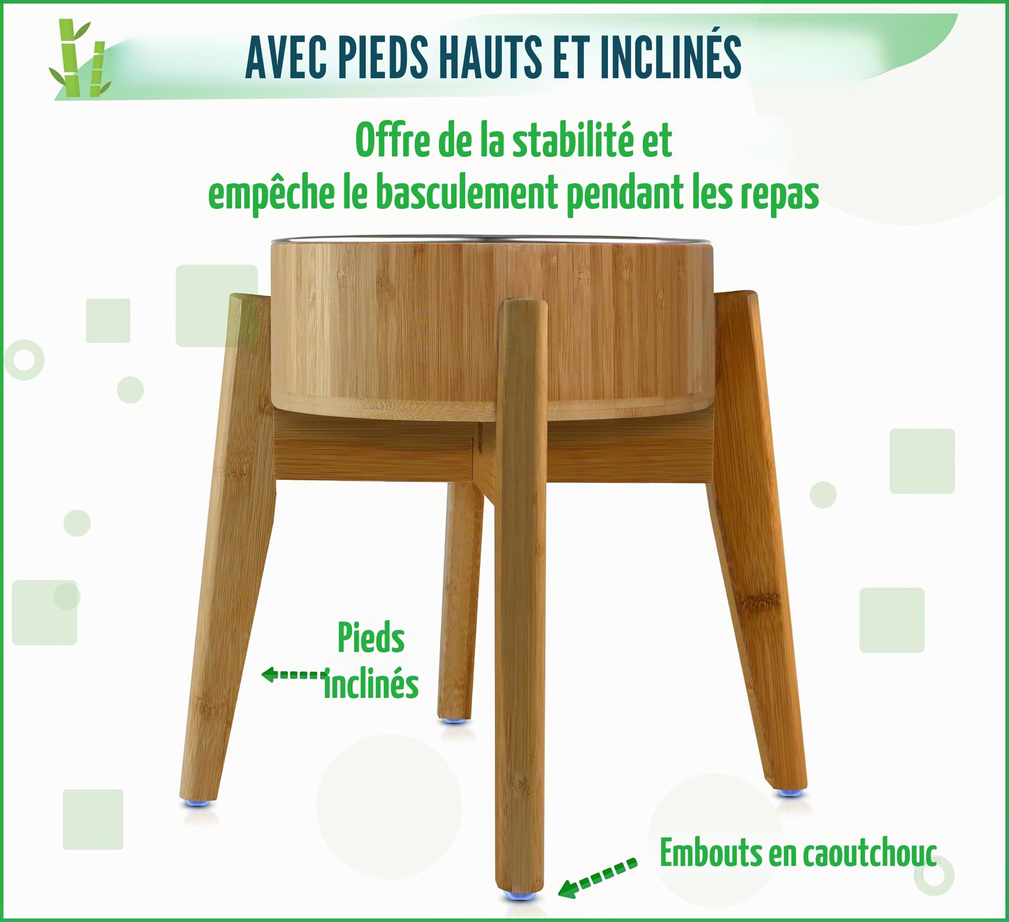 Gamelle surélevée pour chiens de grande race, pour aliments secs et humides, éloigne fourmis/insectes, en bambou avec plat en acier inoxydable et socle haut, 38 cm, capacité de 2 kg