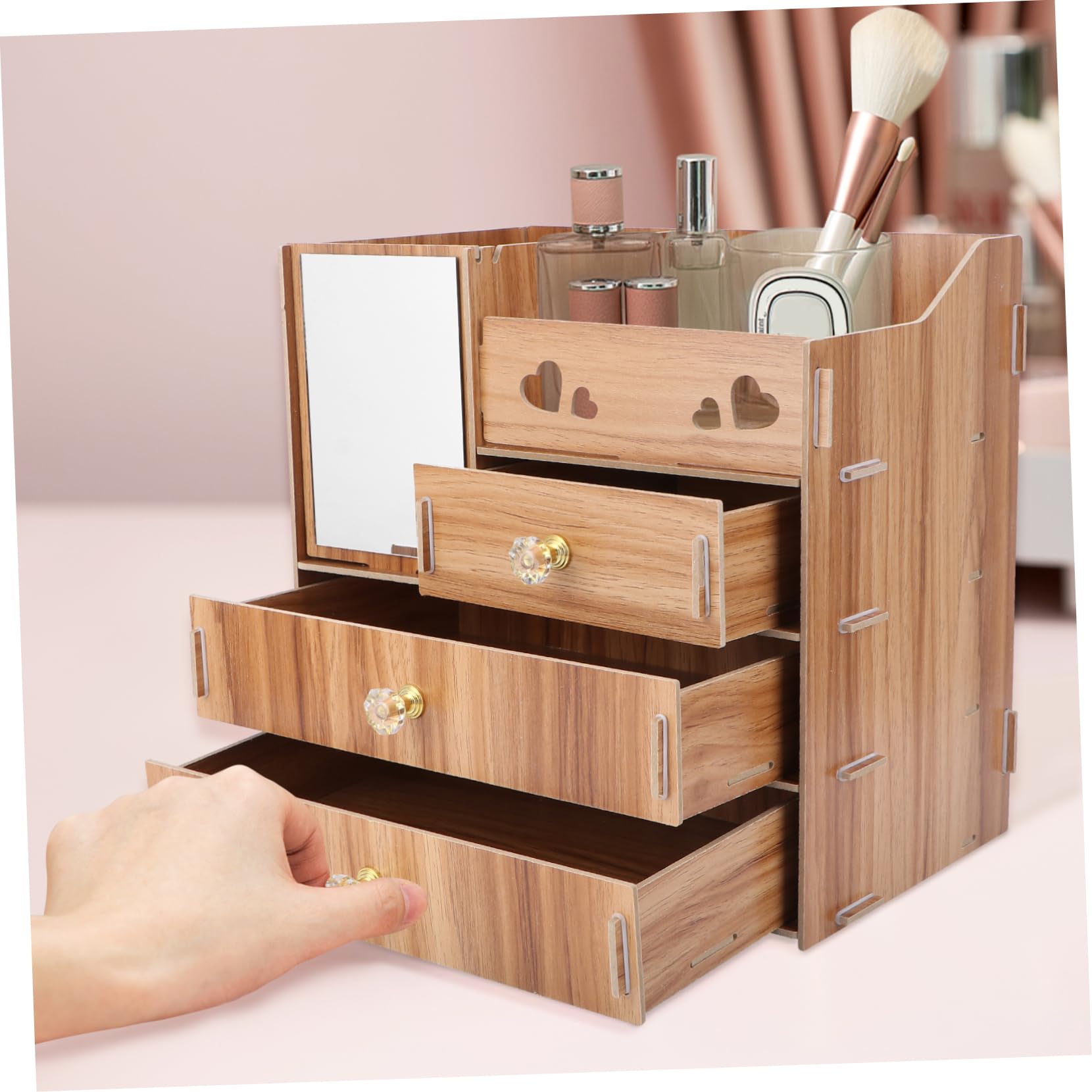Boîte de Rangement Cosmétiques en Bois Miroir, Tiroirs