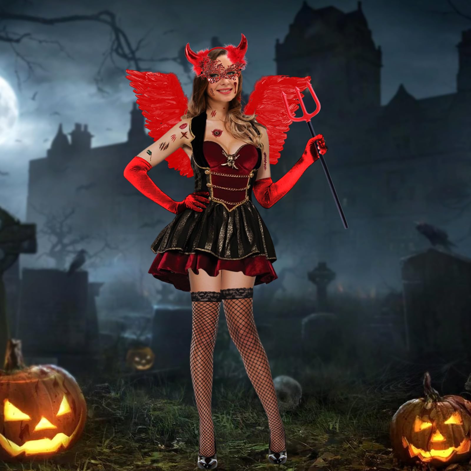 Costume De Fée 4 Pièces – Ailes Dange Rouges/bandeau Cornes De Diab Baguette Magique Halo De Taille Enorme Jupe Tutu Rouge Amz B