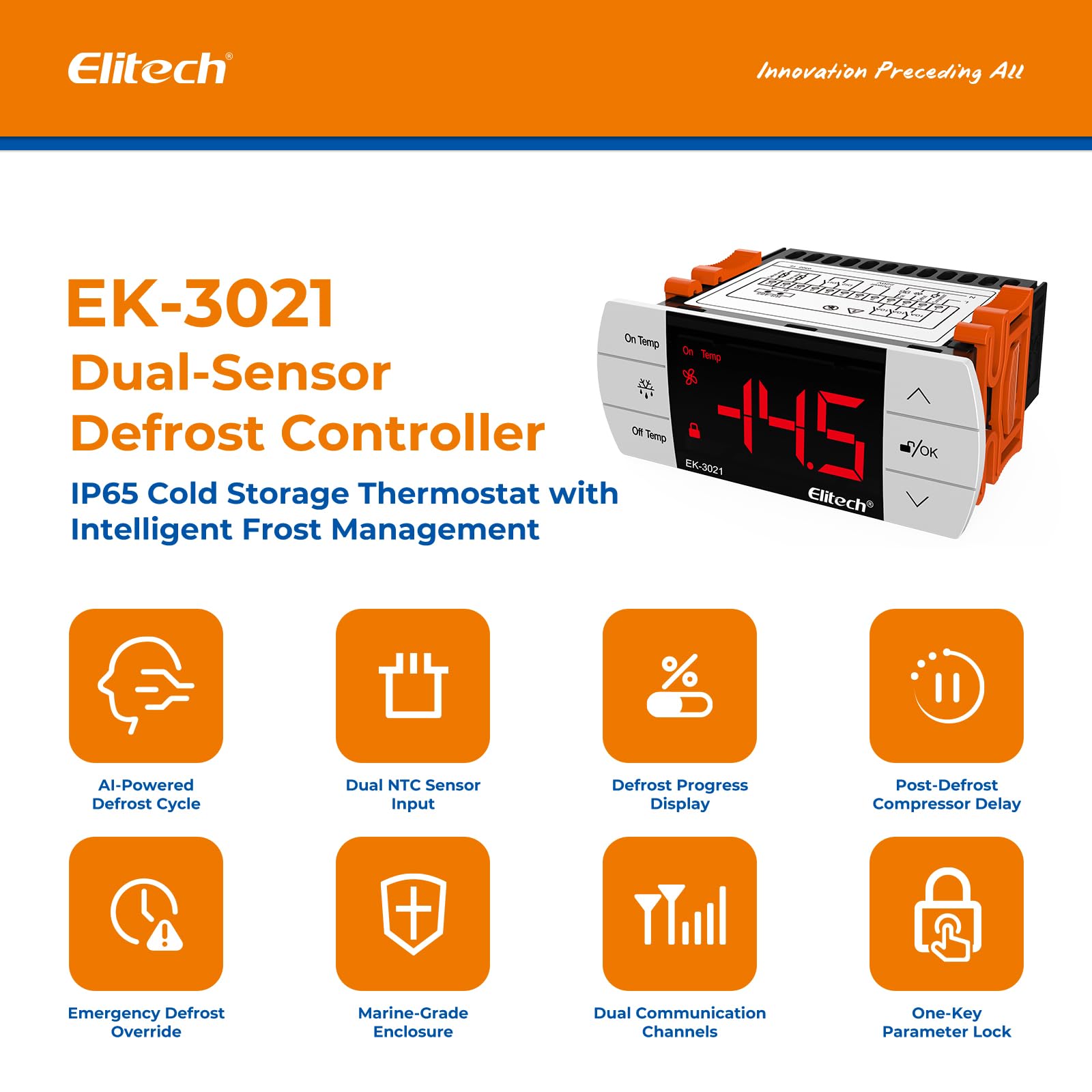 Elitech EK-3021 Régulateur de Température avec Écran Tactile, Thermostat à 2 Sondes pour Chauffage / Refroidissement et Décongélation, Double Relais 220V