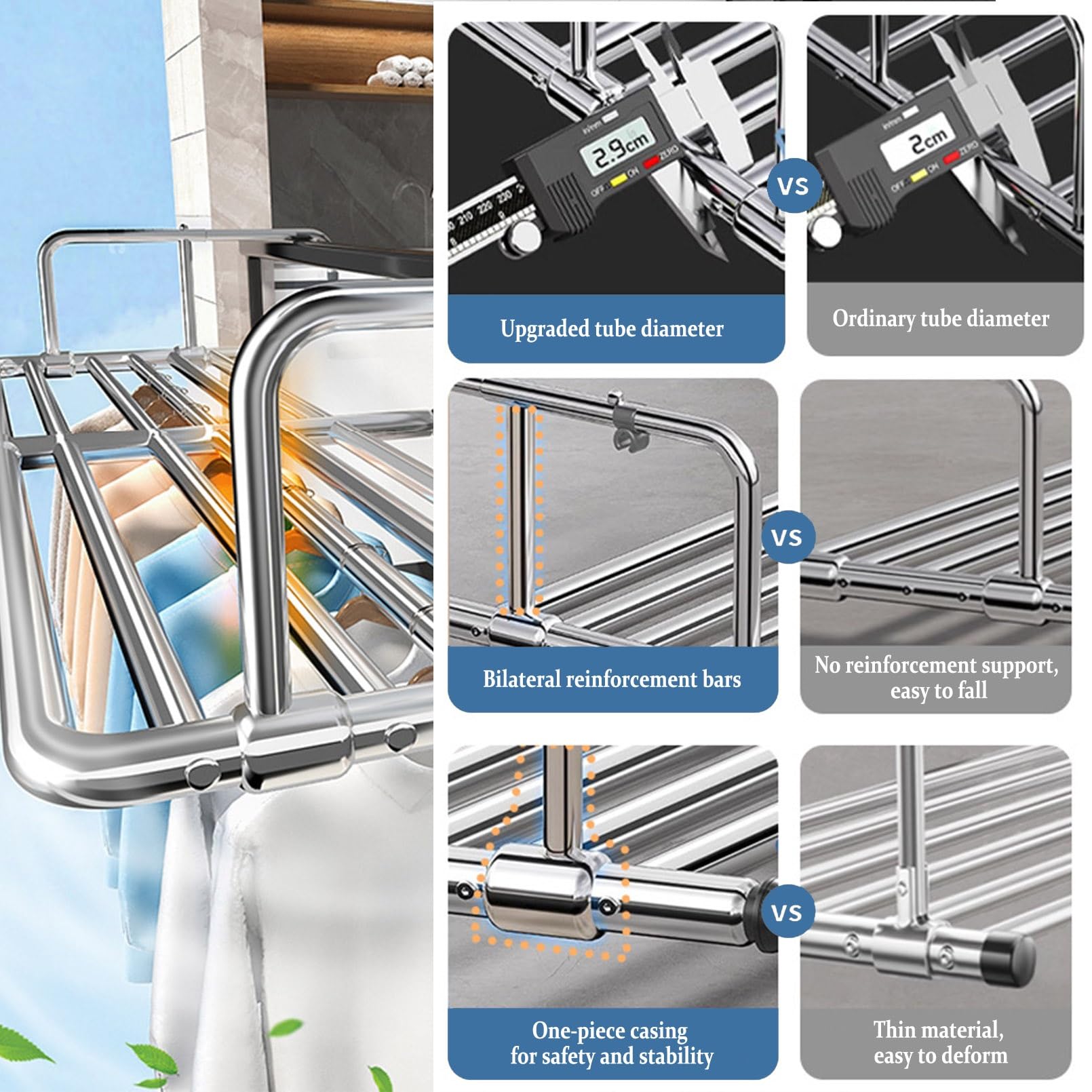 Klappbar Heizkörpertrockner, Heizkörpertrockner Wäscheständer Balkon, Edelstahl, für Drinnen & Draußen, für Kleindung, Socken, Schuhe, Platzsparend, Zum Aufhängen, Ausziehbar Wäschetrockner(60-106cm)
