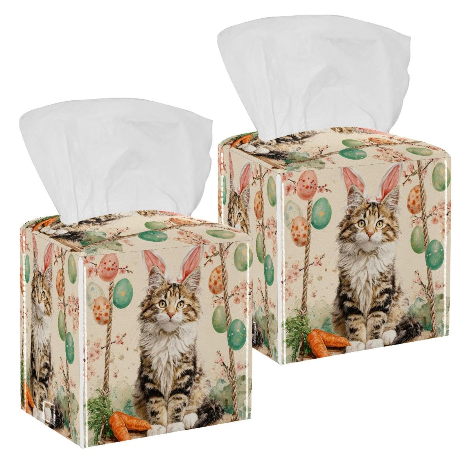 Cat and Easter Eggs Tissue Box Cover, 2 Pack PU Leather Square Facial Tissue Dispenser Box holder for Home Office Car