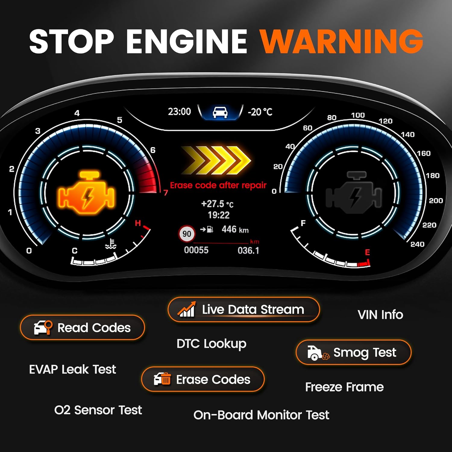 Screenshot of ANCEL AD530 PRO displaying engine warning and diagnostic options.