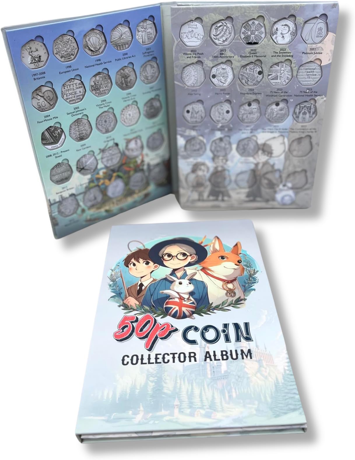 2024 Up to date UK 50p Coin Hunt Collector Album Folder Includes Beatrix potter spaces (Blue Album)
