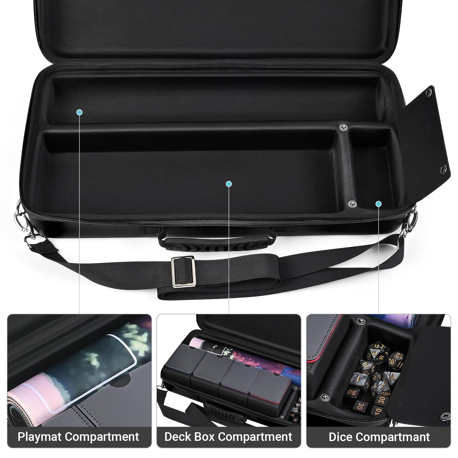 Funda de transporte para tapete de juego y mazo, para TCG/MTG Gamemat con 4 cajas de cubierta, 3 compartimentos para tapete de juego, caja de cubierta y dados, con correa de hombro ajustable