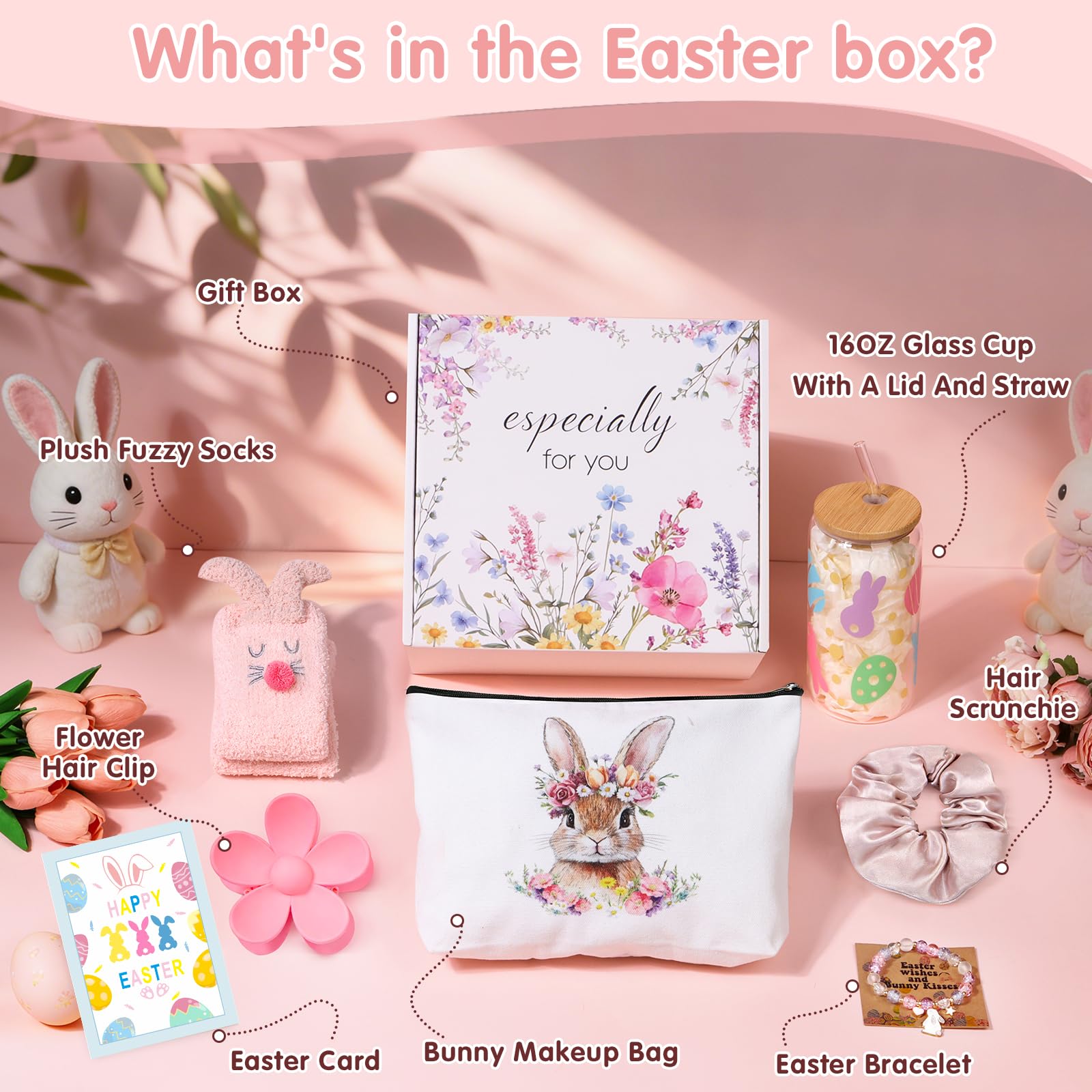Easter Gifts for Teens Girls Women Adults,7 PCS Bunny Gifts Set with Iced Coffee Cup,Bracelet,Socks,Bag,Hair Clip & Scrunchy,Perfect Easter Basket Stuffers for Teens Girls Adults