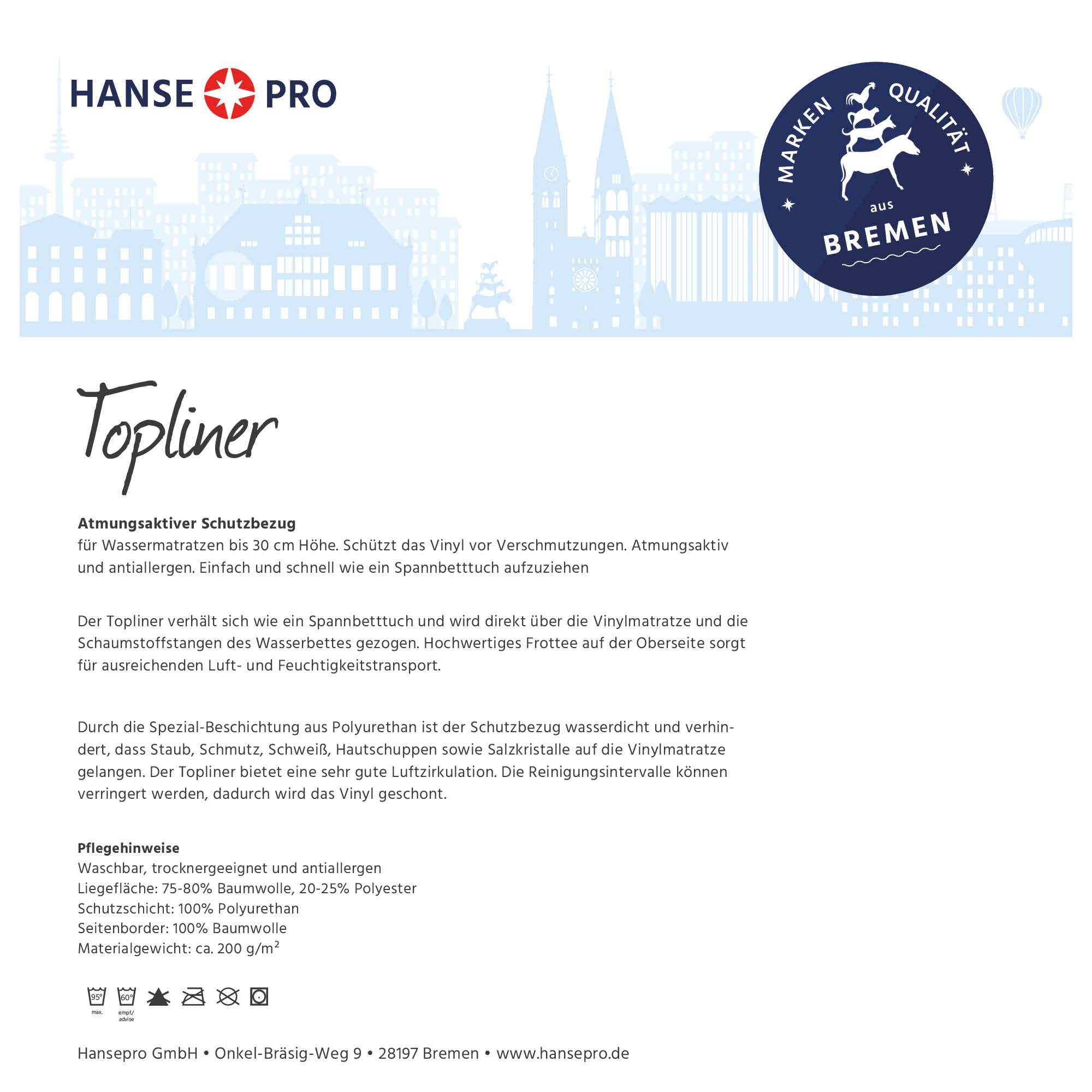 HANSE PRO Topliner, 200 x 220 cm I ideal für Wasserbetten bis 30 cm Höhe I Staubschutz-Auflage I Schutz-Bezug I Cap-Liner I Schmutzfang