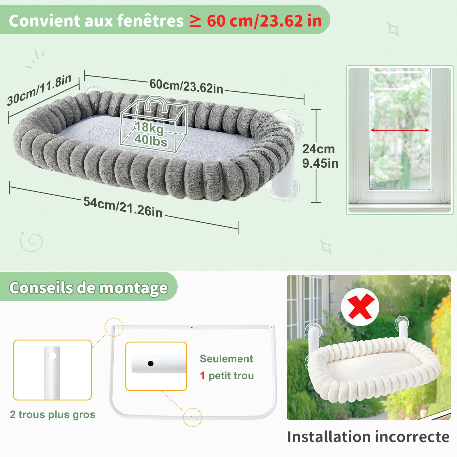 GUUSII HOME Hamac Chat Fenetre Panier Perchoir Transat Suspendu Pliable Support Etagere Cododo Lit pour Coussin Petite et Grande Chats Tapis Réversible Lavable en Machine 54 * 30cm (Gris, M)