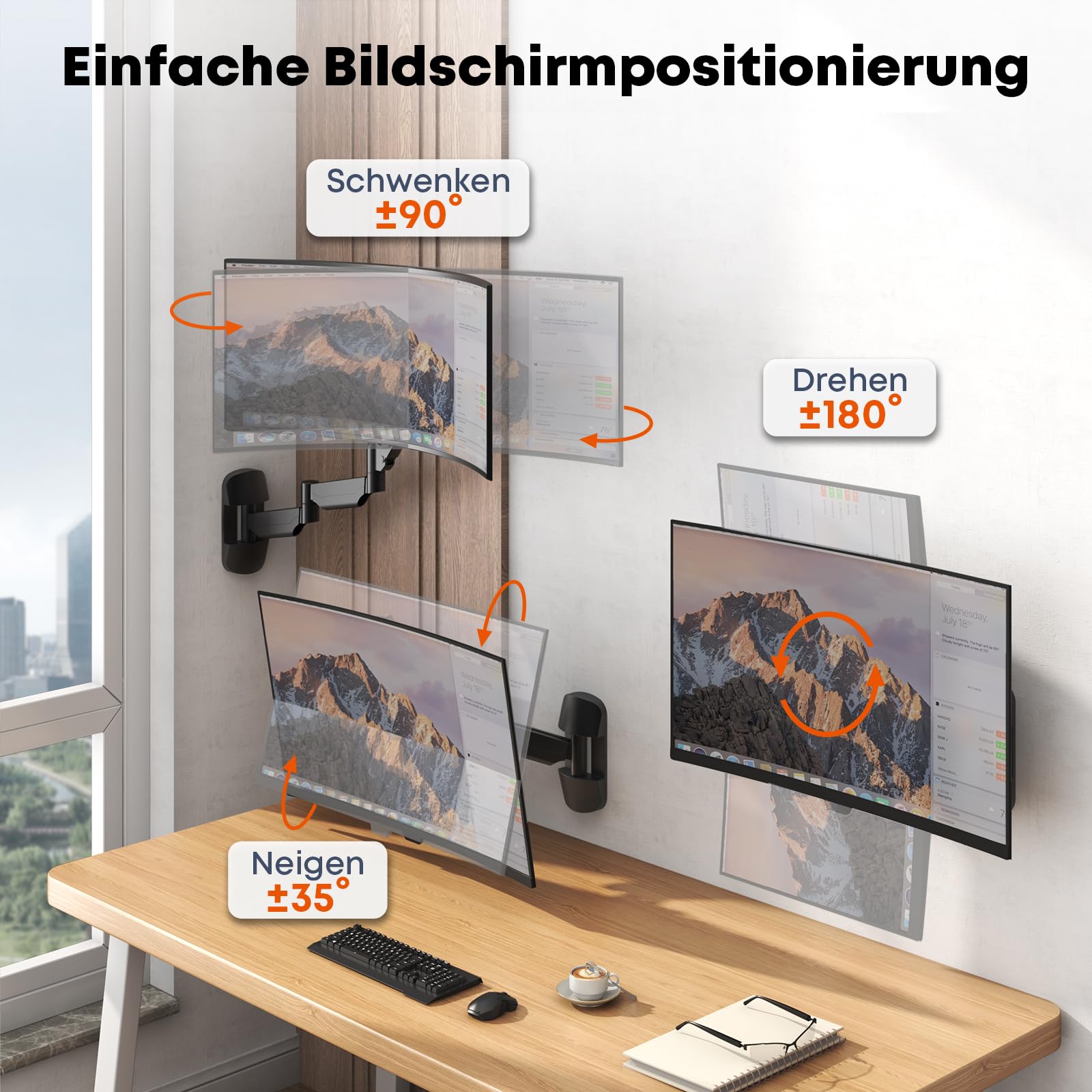 Monitor Wandhalterung für 17-32 Zoll Bildschirm - Extra Lang Monitor Halterung mit voller einstellbaren Gasfeder, bis 9 kg, VESA 75/100, Schwarz