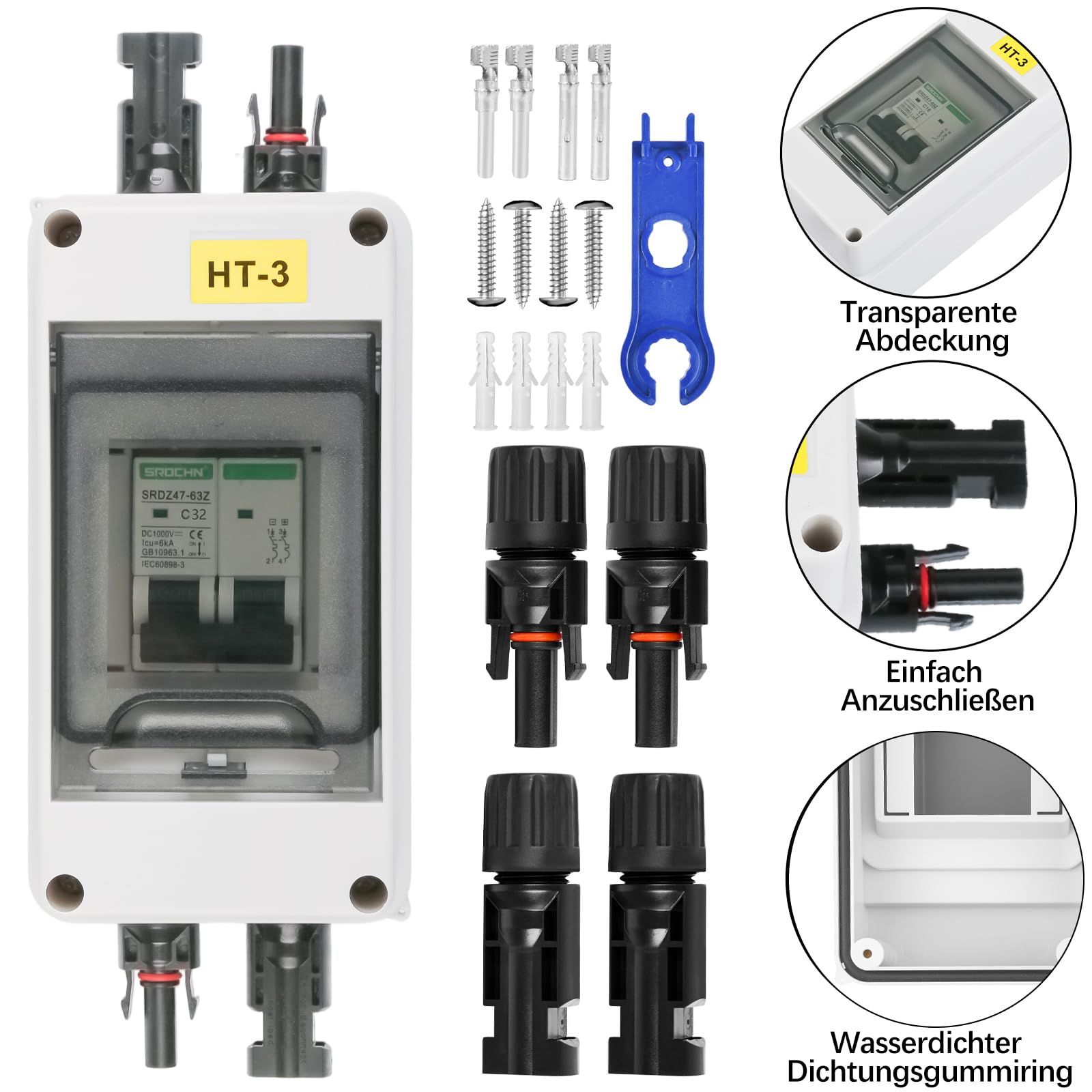Warmfay DC Trennschalter PV Anlage Leitungsschutzschalter 32A 2 Polig, 12V-1000V DC Sicherungsautomat Mit Solarstecker, IP65 Wasserdicht Gehäuse für balkonkraftwerk