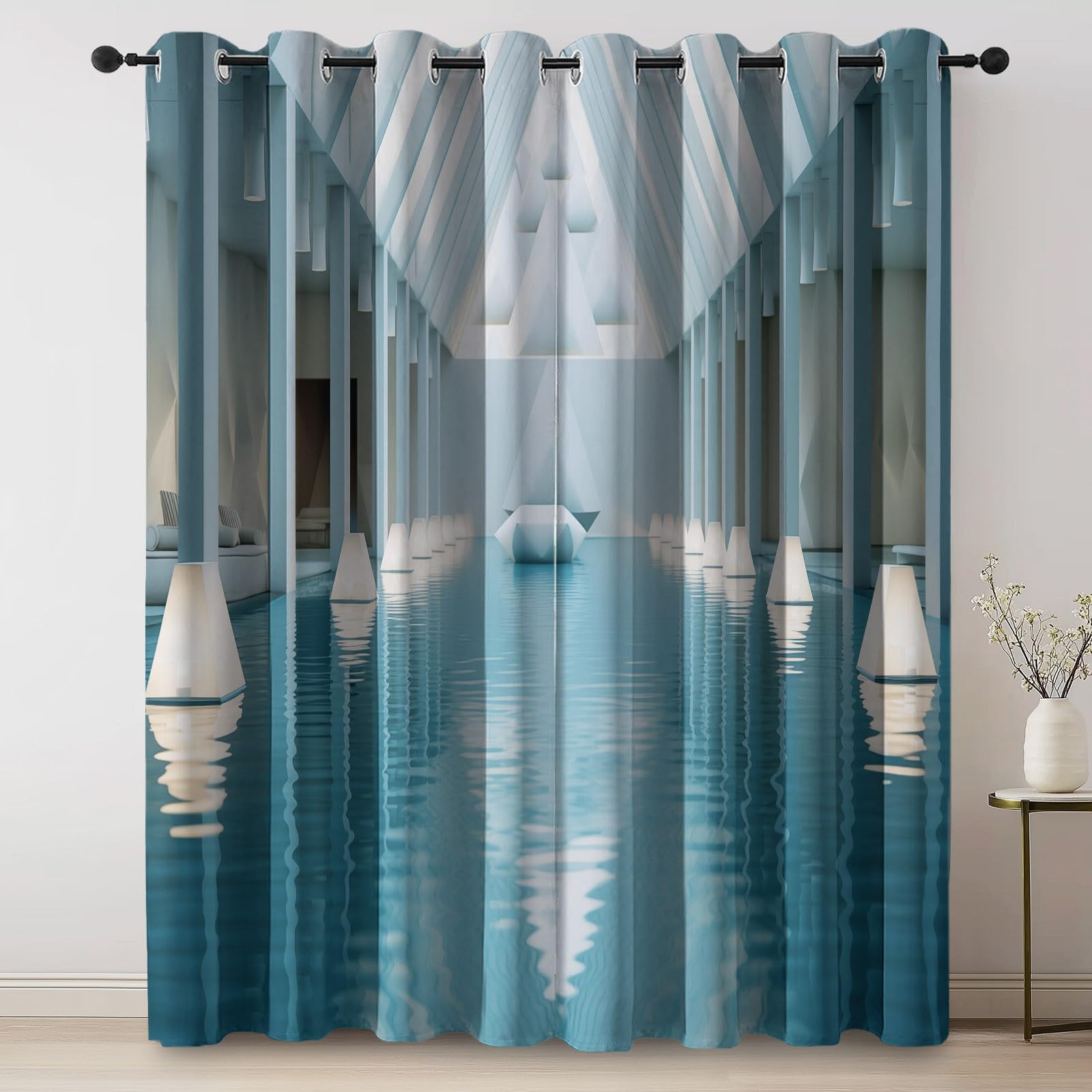 Nowoczesne, minimalistyczne zasłony zaciemniające z nadrukiem geometrycznym na basen, 100% zasłony zaciemniające do sypialni i salonu 117 x 229 cm (2 panele) - izolacja termiczna, zasłony okienne
