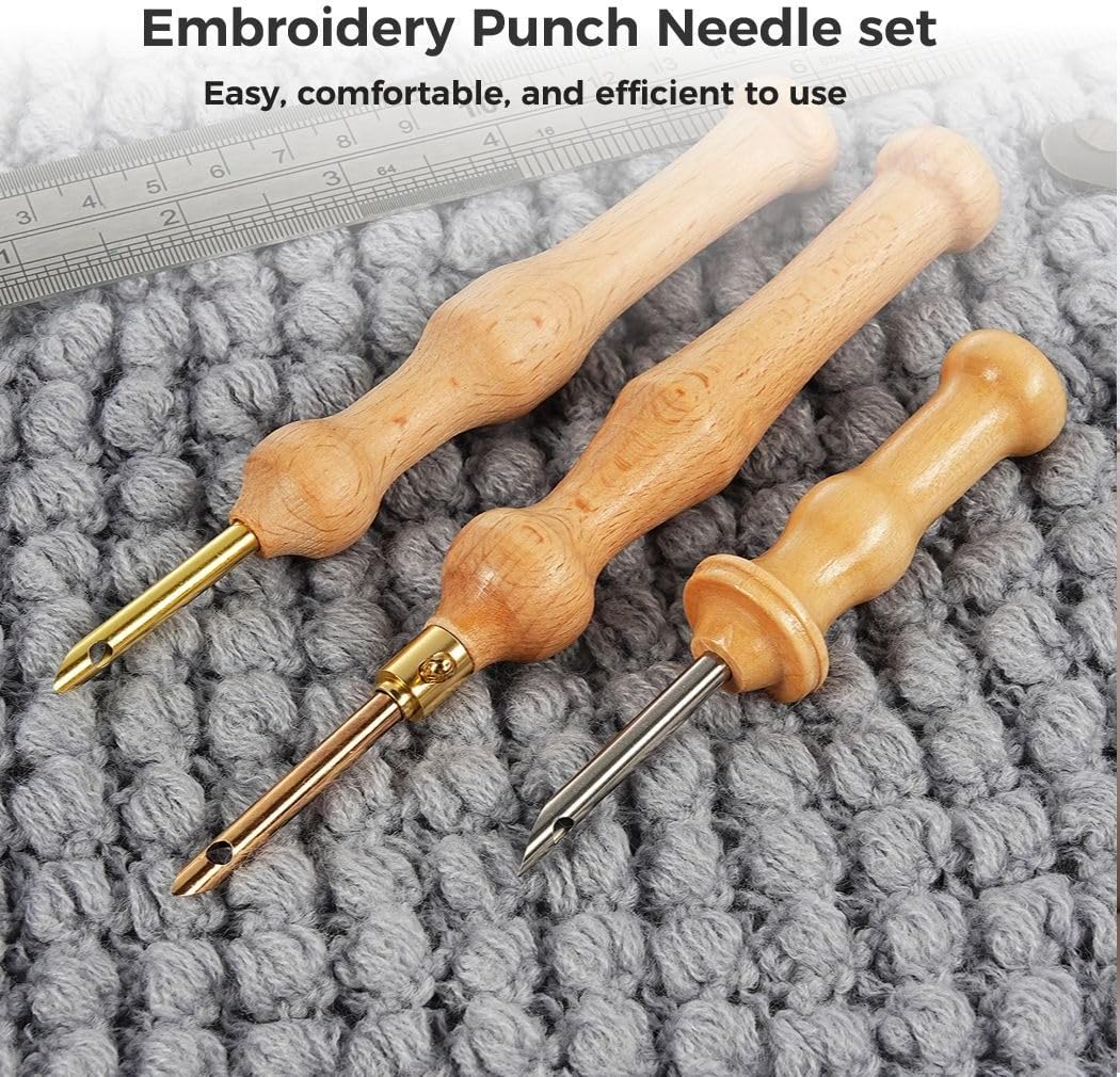 Embroidery Punch Needle Set with 7 Tools, Wooden Handle Rug Hooking Kit with Threaders for Crafting Projects