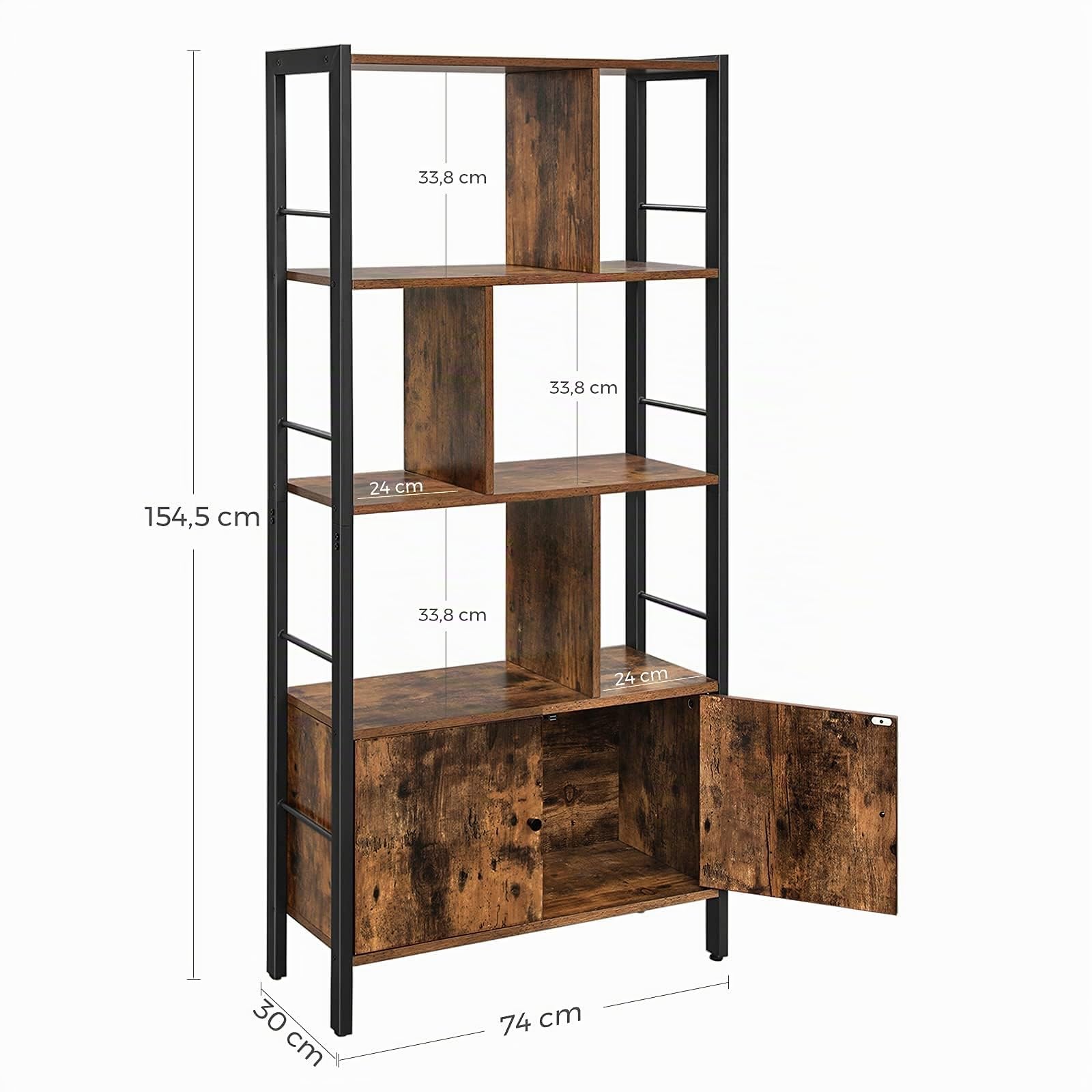 VASAGLE Libreria, Scaffale Portaoggetti, Scaffale Grande a 4 Ripiani, Mobile per Salotto Studio Ufficio Cucina, Struttura in Acciaio, Stile Industriale, Marrone Vintage e Nero Inchiostro LBC022B01