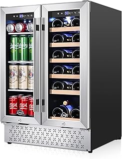 Tylza Wine and Beverage Refrigerator, 24 Inch Built-In Dual Zone Wine and Beverage Cooler, Freestanding French Door Drink Fridge, Wine Beer Cooler Under Counter Refrigerator TYBC120