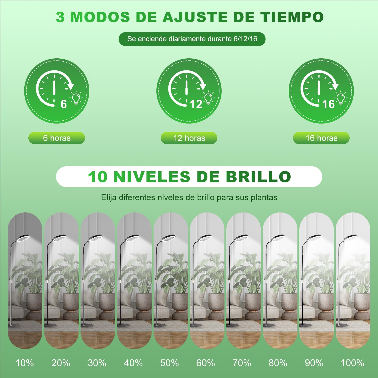 Lámpara para Plantas LED, luz de crecimiento plantas con Temporizador 6/12/16H, 3 Modos Luz & 10 Niveles Brillo, Altura Ajustable 57-165cm, Grow Light con temporizador y adaptador