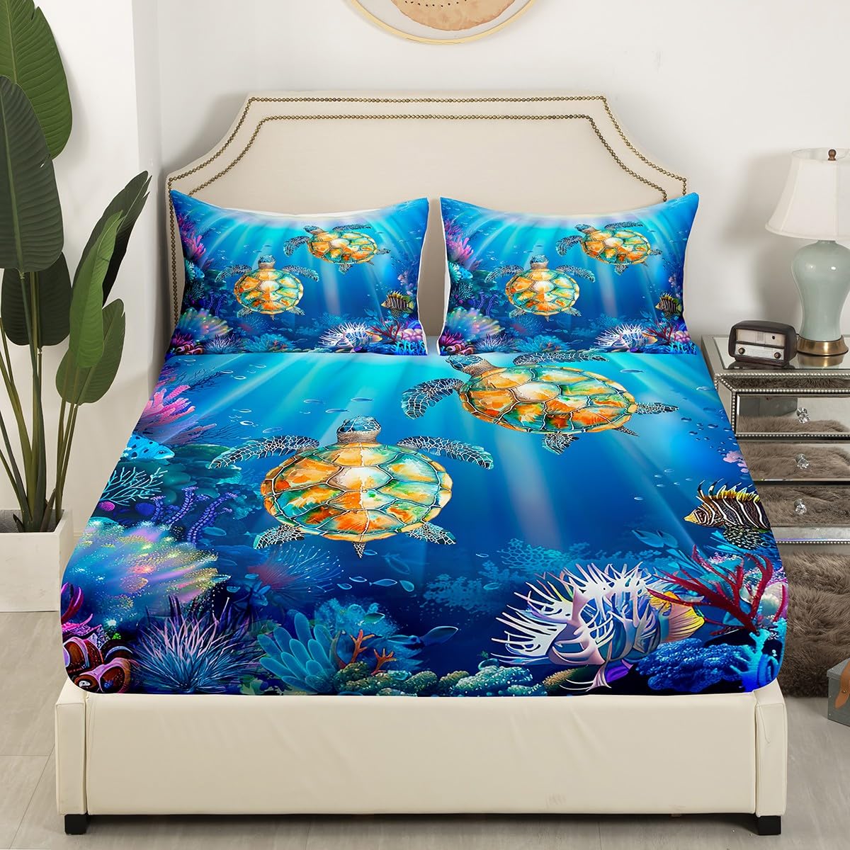 Juego De Ropa De Cama Tortugas Marinas 135x200 Cm - Diseño Submarino Con Peces Y Coral, Incluye 2 Fundas De Almohada