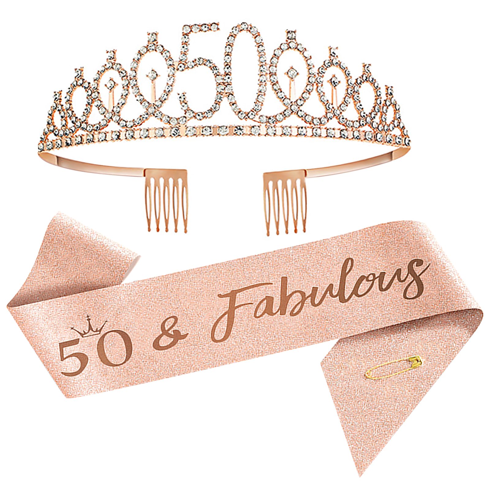 50 and Fabulous Sash &50 Birthday Tiara Rhinestone Crown Headband for 50 Birthday Gift Glitter Crystal Hair Accessories Rose Gold 50th Birthday Decoration for Girls Women Birthday Party Supplies