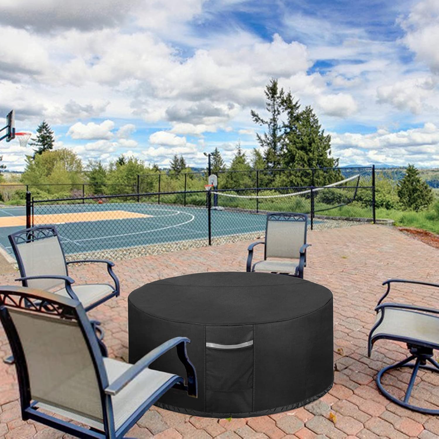 Sunolga Black Fire Pit Cover Round with Windproof 600D Oxford Fabric and Water Resistant PVC Coating 50" D x 24" H : Patio, Lawn & Garden