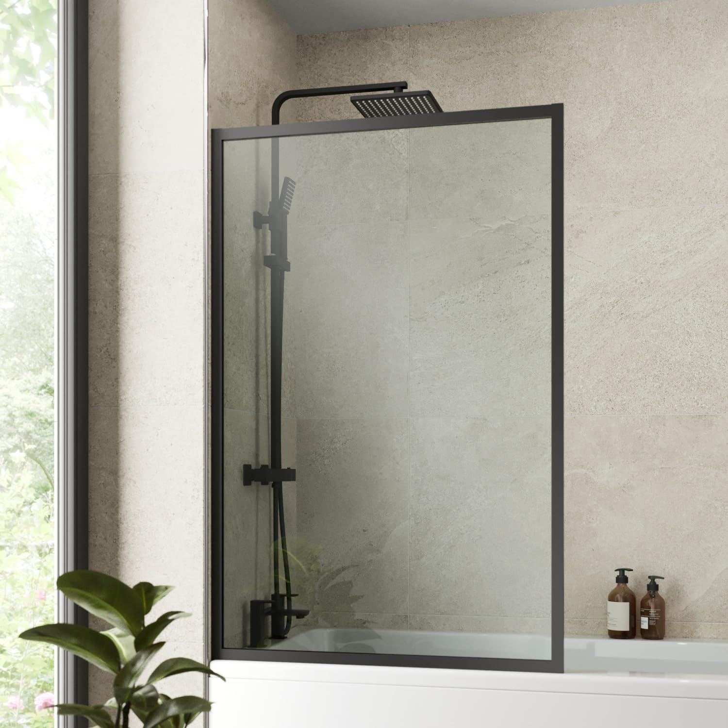 Luxura® 800 x 1400mm Black Over Bath Shower Screen Fixed Door Glass Panels & Screens for Baths, Bathroom Framed Square Design, 6mm Toughened Safety Glass