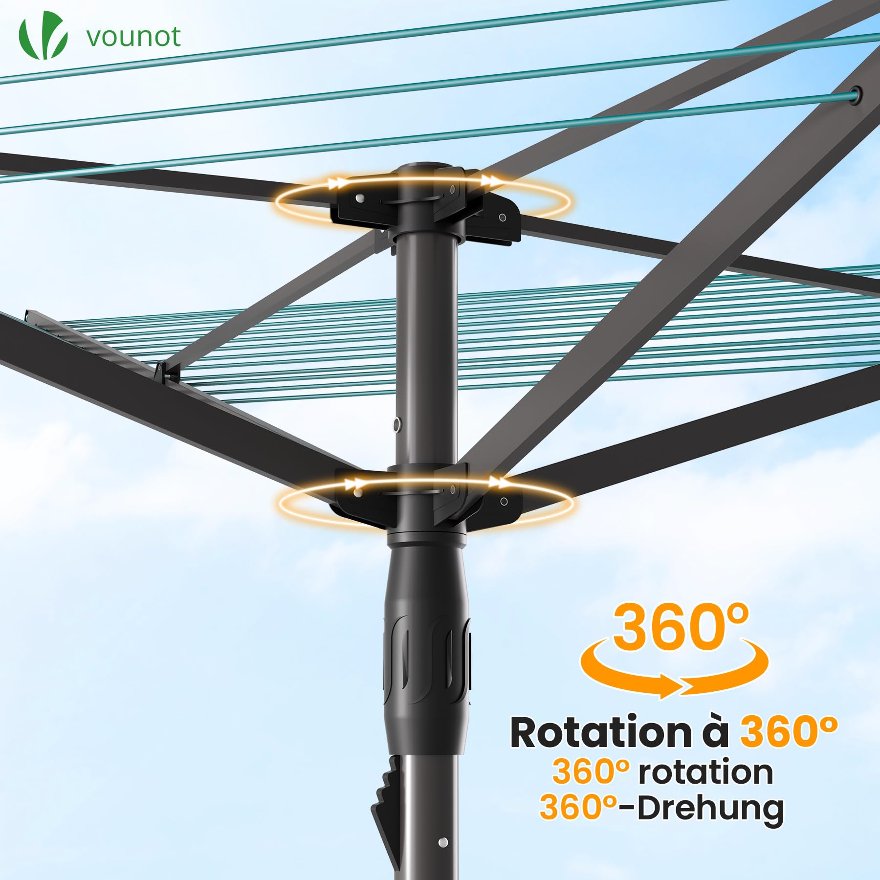 VOUNOT® Wäschespinne Draußen, Klappbarer Wäscheständer 4-stufig höhenverstellbar, Wäscheschirm mit 50m Wäscheleine inkl. Bodenhülse und Schutzhülle, Grau-Blau