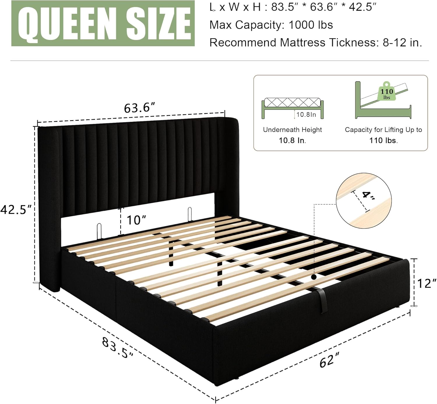 Feonase lift up storage bed frame open showing storage compartment under queen mattress