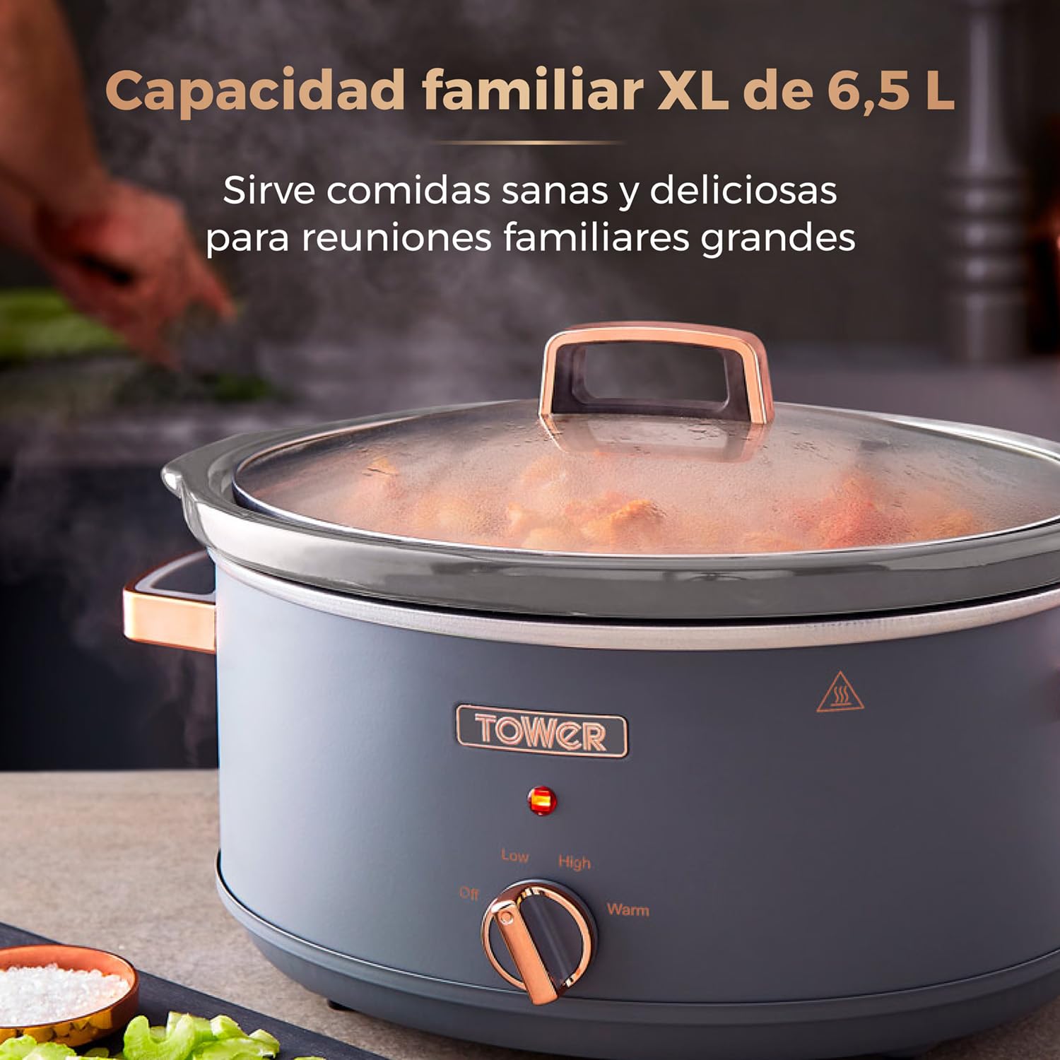 Tower T16043GRY Olla de Cocción Lenta de 6.5 Litros, Modelo Cavaletto – Olla Lenta con 3 Ajustes de Temperatura, Asas de Tacto Frío - Gris y Rosa Oro